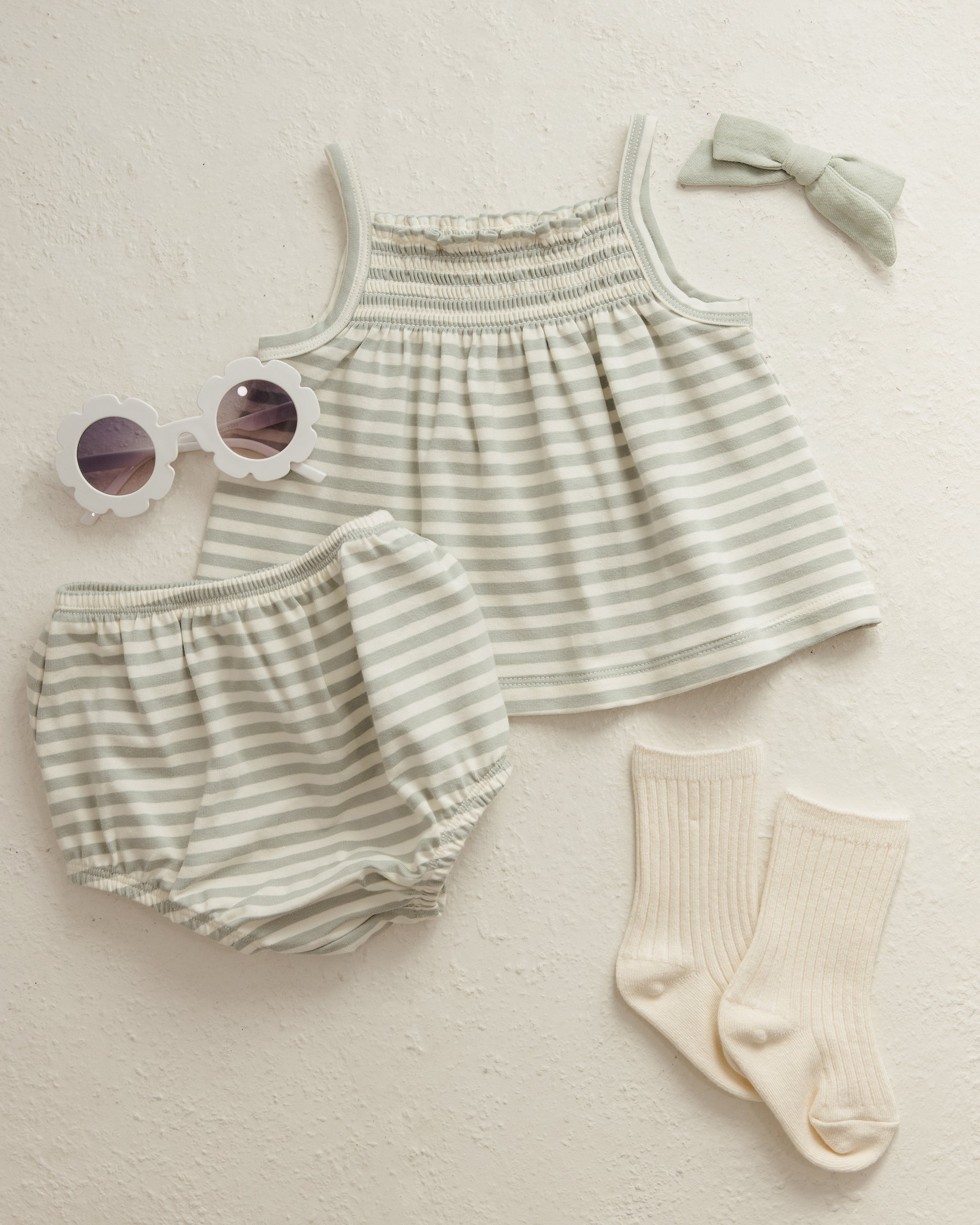 -Smocked Tank + Bloomer Set || Sage Stripe-