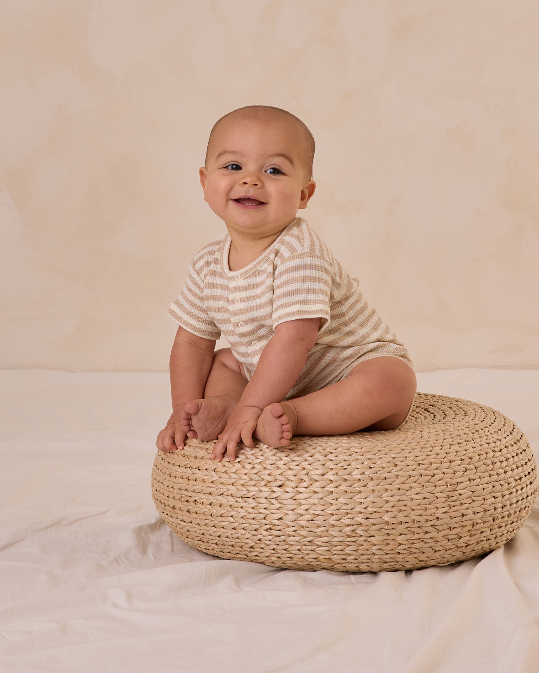 Waffle Snap Romper || Oat Stripe