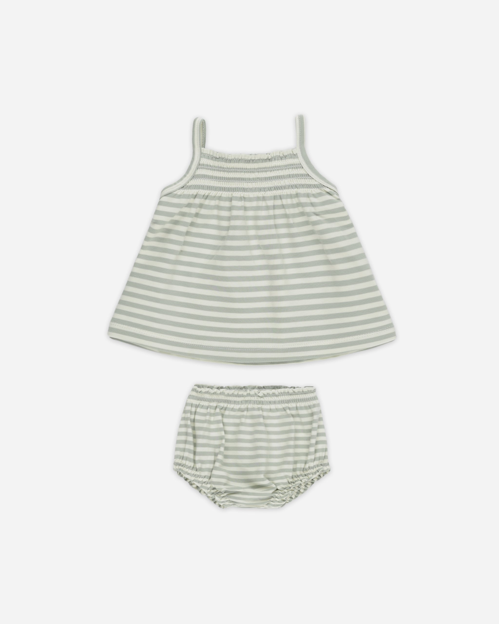 -Smocked Tank + Bloomer Set || Sage Stripe-