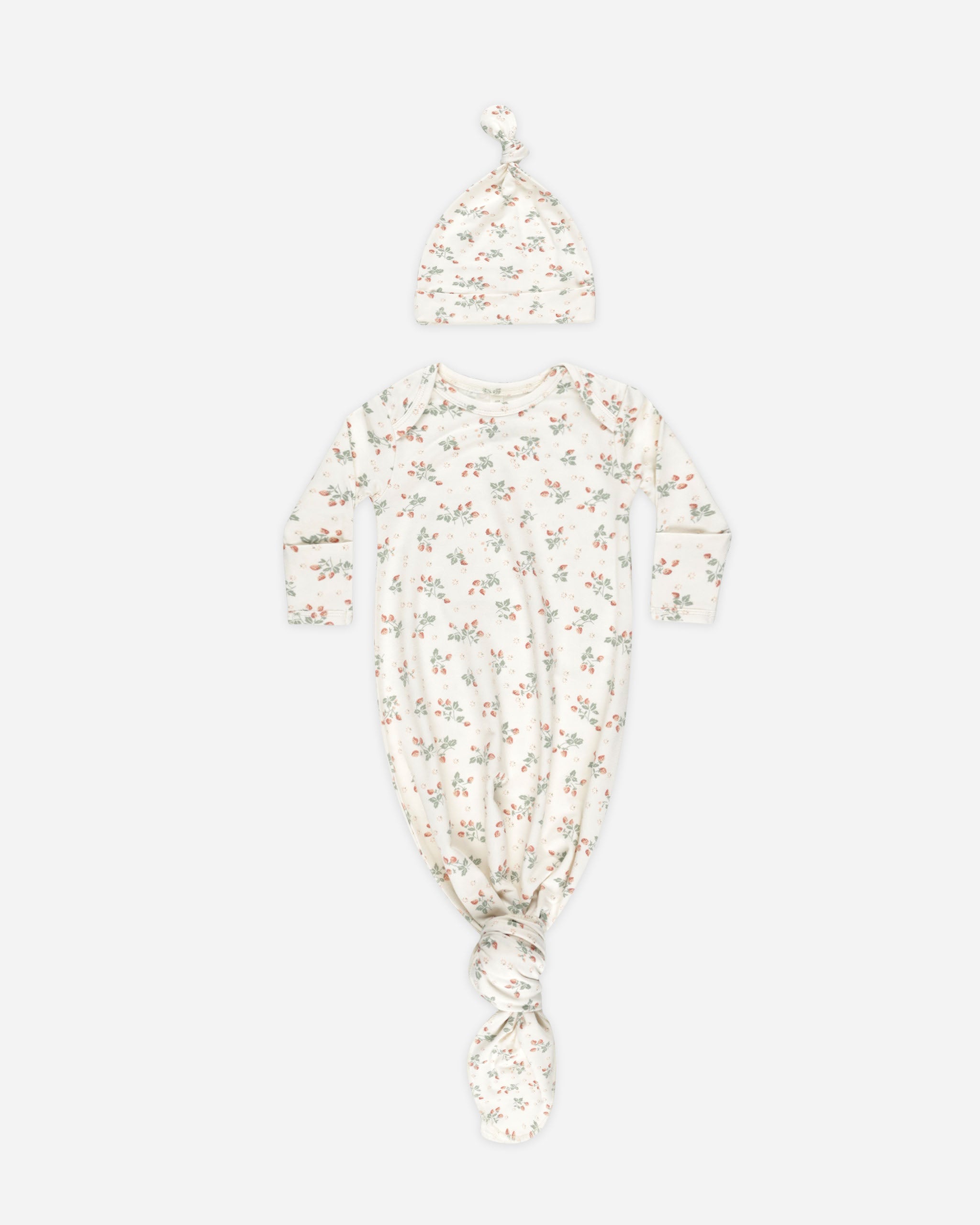 -Knotted Baby Gown + Hat Set || Strawberries-