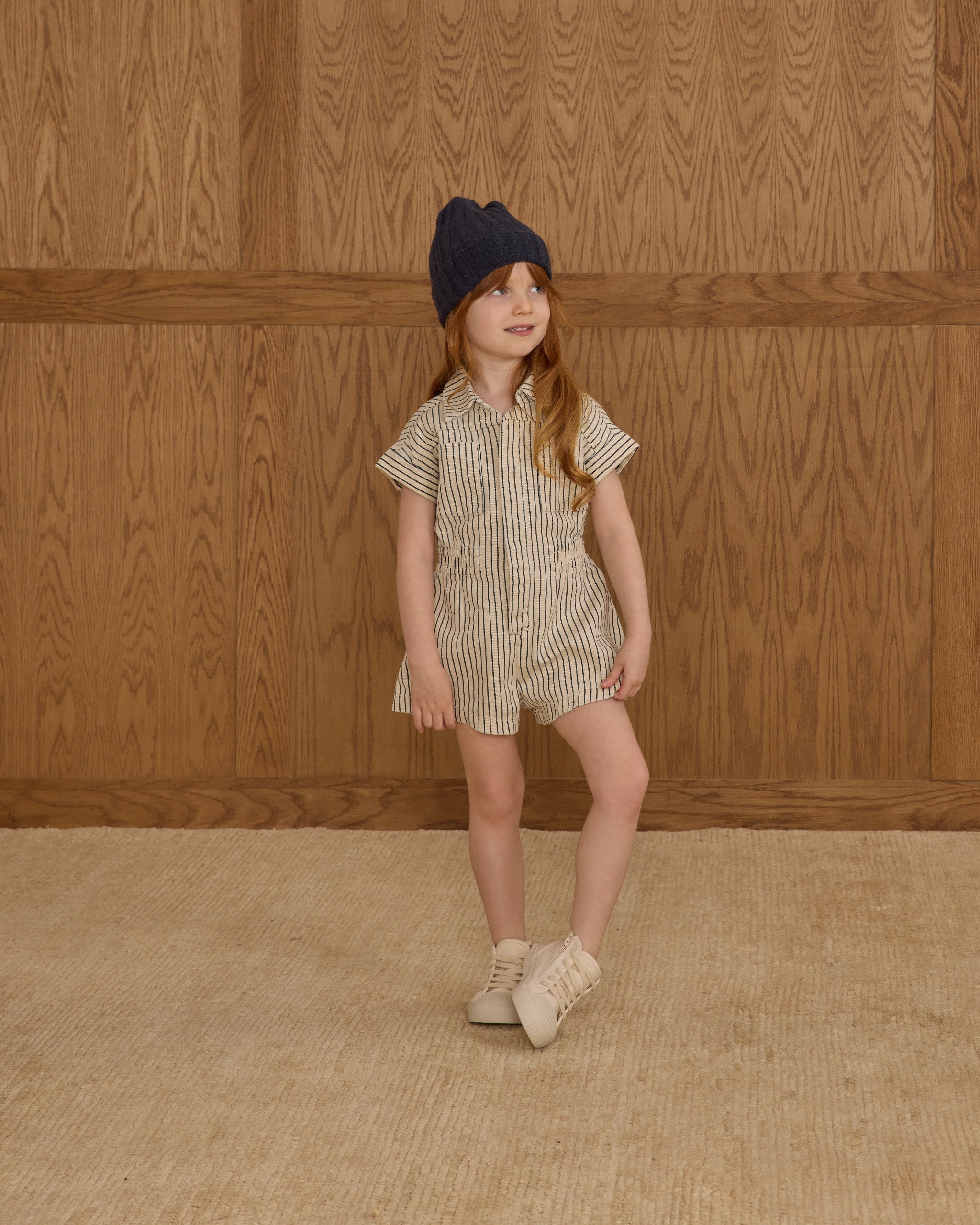 Utility Romper || Navy Pinstripe