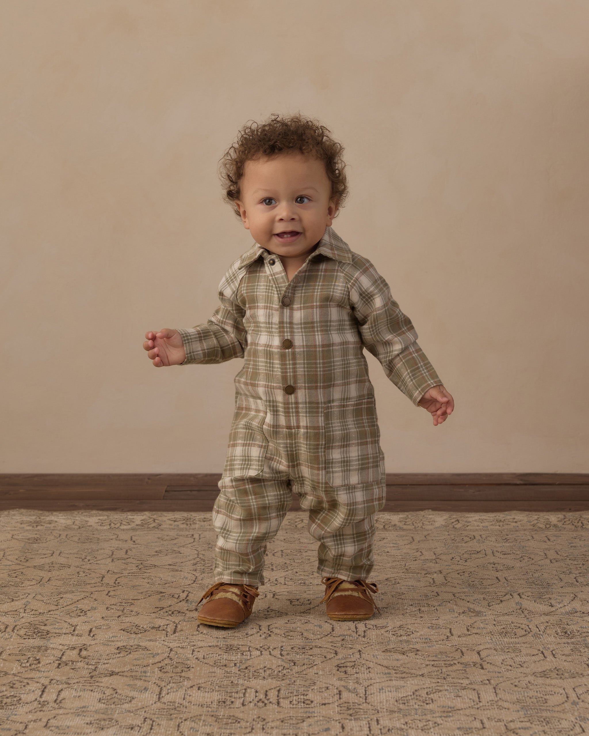 Collared Baby Jumpsuit Olive Dobby Plaid - Rylee + Cru | Kids Clothes | Trendy Baby Clothes | Modern Infant Outfits |