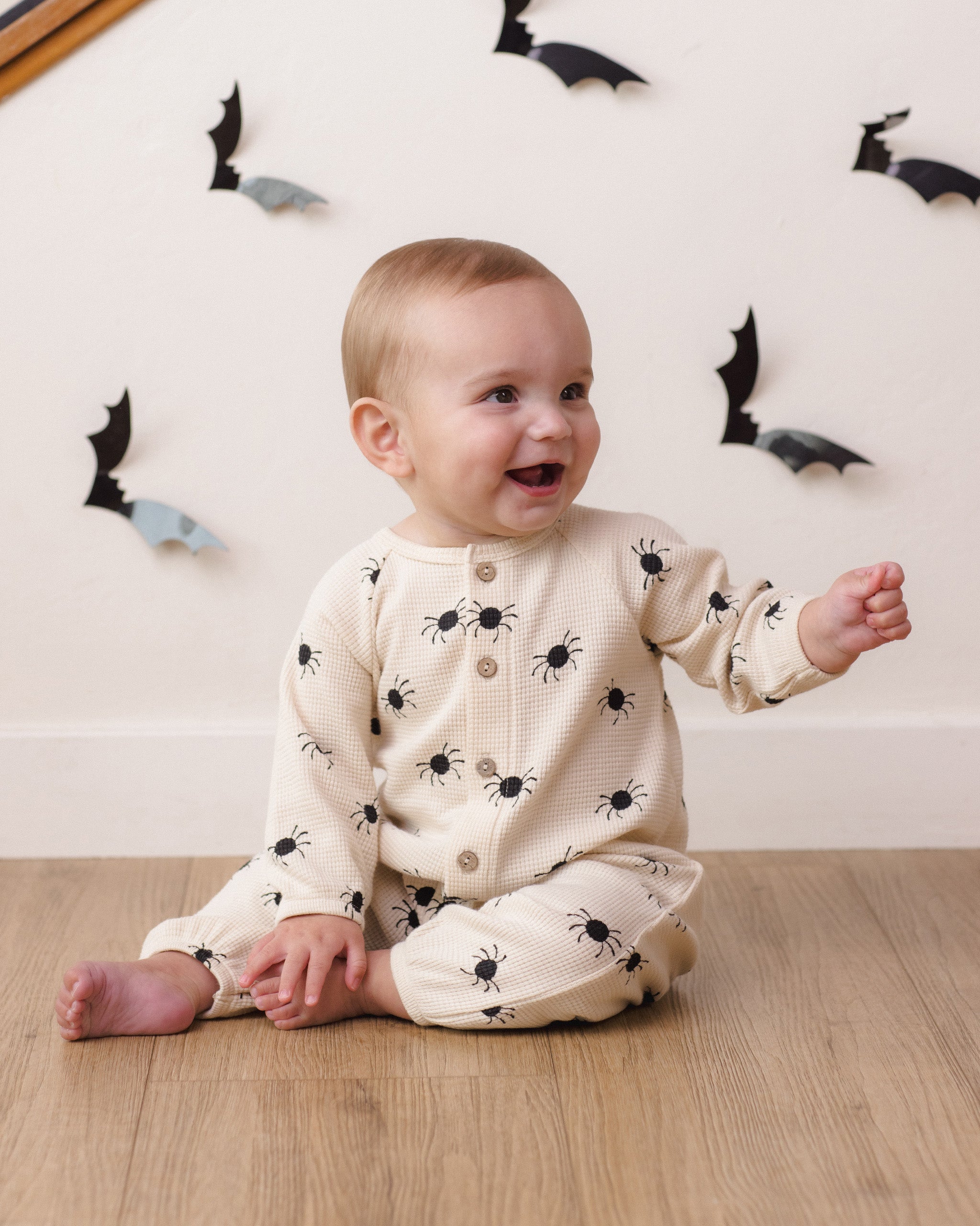 Waffle Long Sleeve Jumpsuit Bitsy Spider - Rylee + Cru | Kids Clothes | Trendy Baby Clothes | Modern Infant Outfits |
