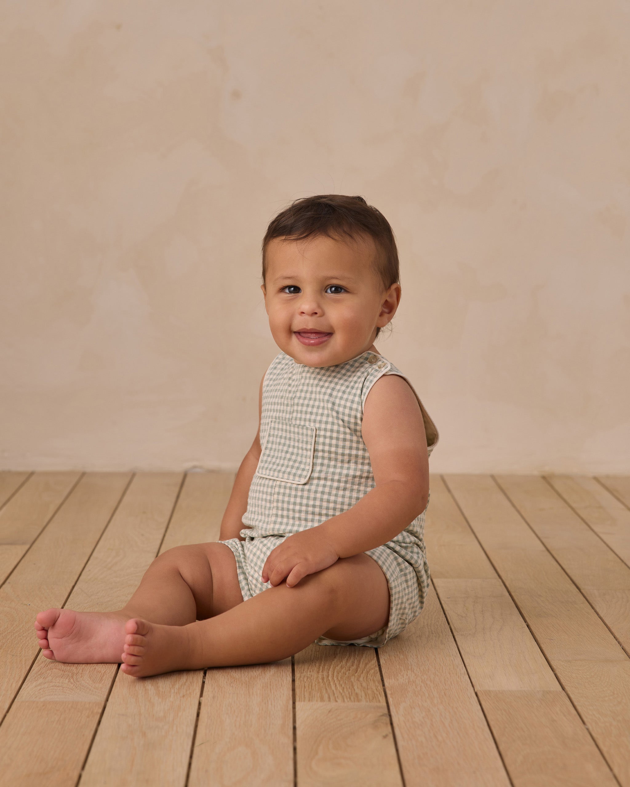 Georgie Romper Eucalyptus Check - Rylee + Cru | Kids Clothes | Trendy Baby Clothes | Modern Infant Outfits |