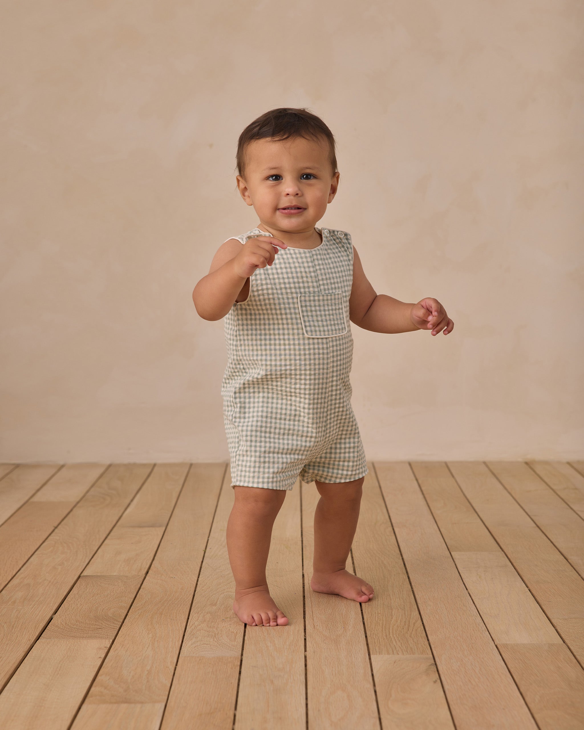 Georgie Romper Eucalyptus Check - Rylee + Cru | Kids Clothes | Trendy Baby Clothes | Modern Infant Outfits |