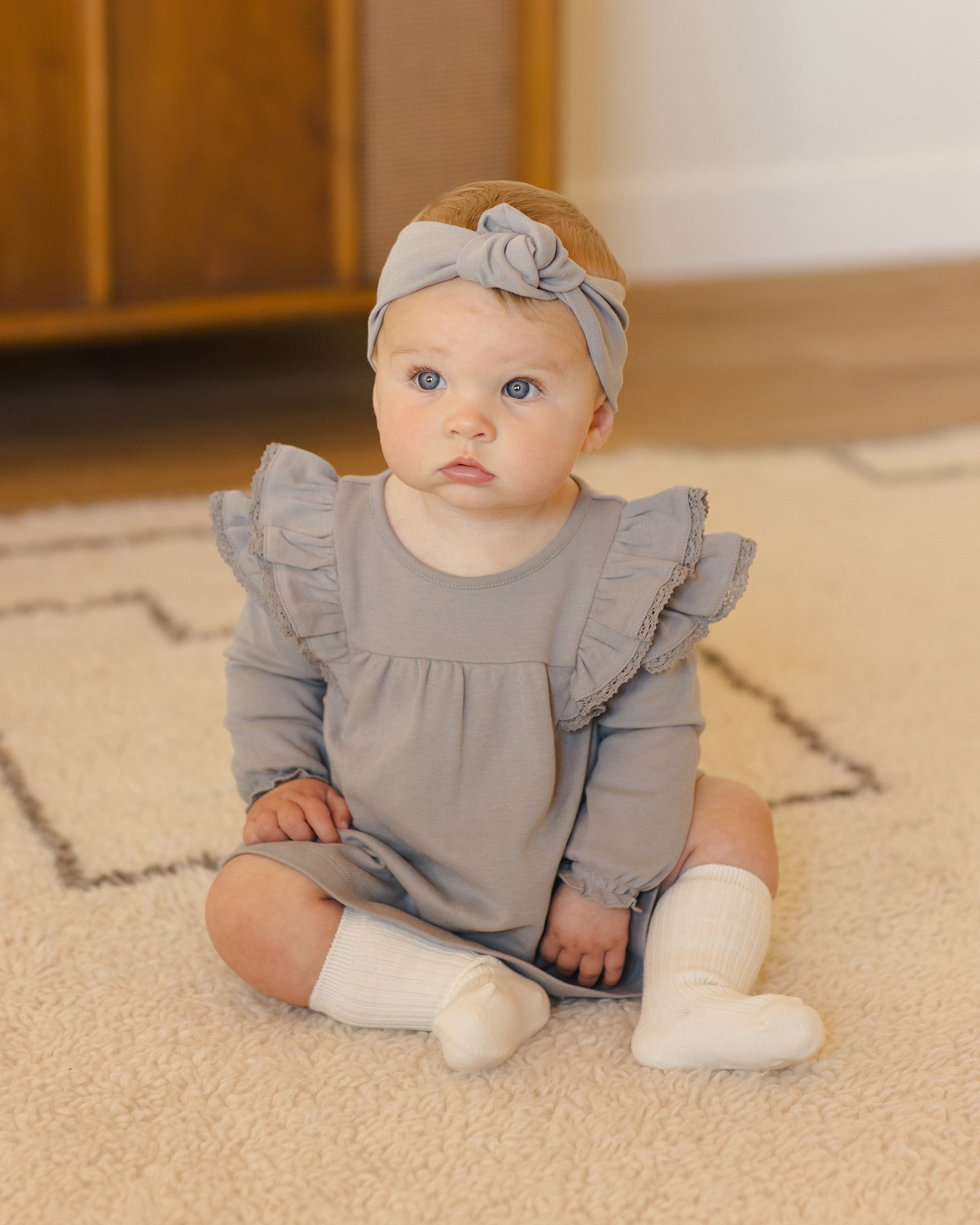 Long Sleeve Flutter Dress - || -  Dusty Blue