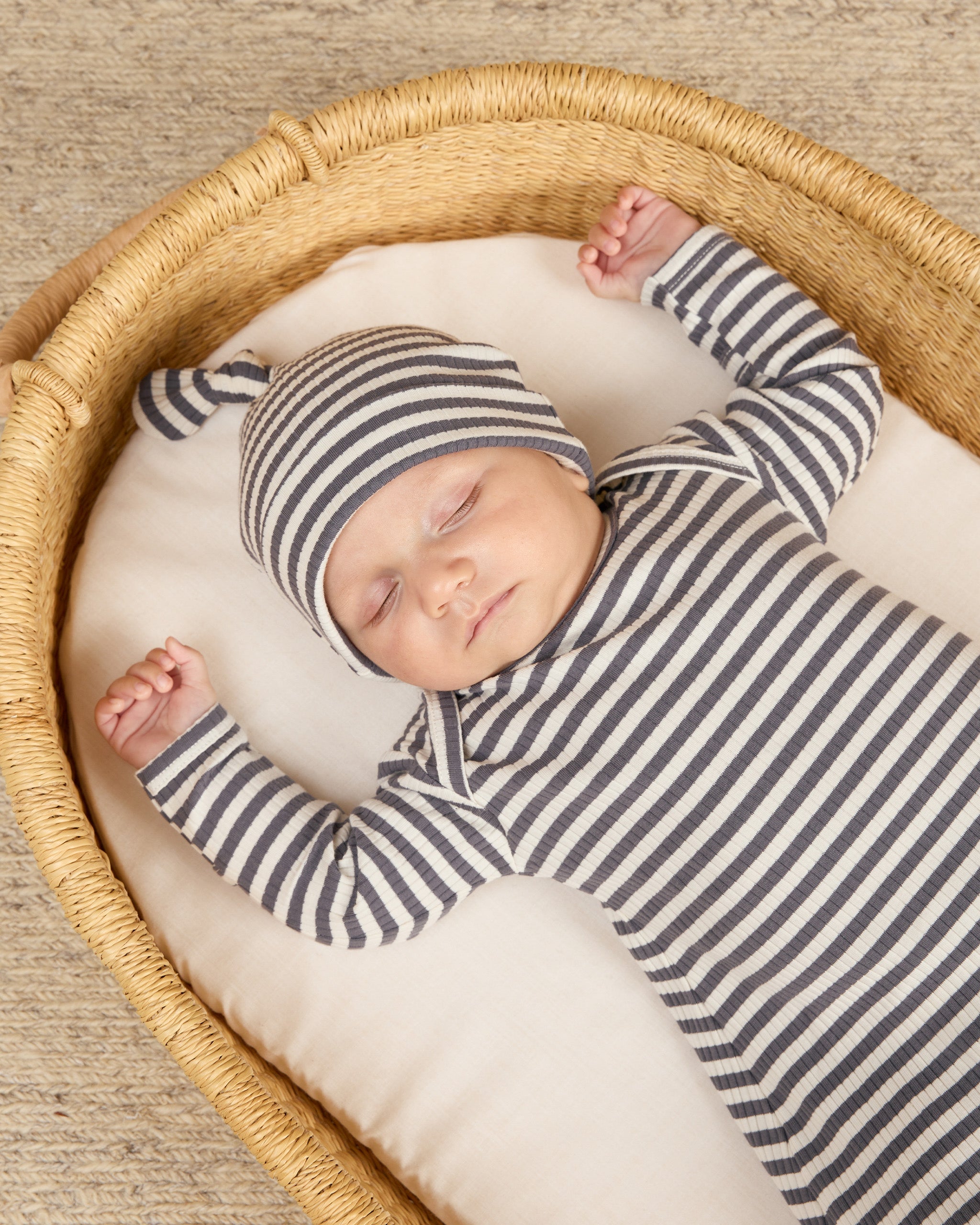 Knotted Baby Gown + Hat Set || Indigo Stripe