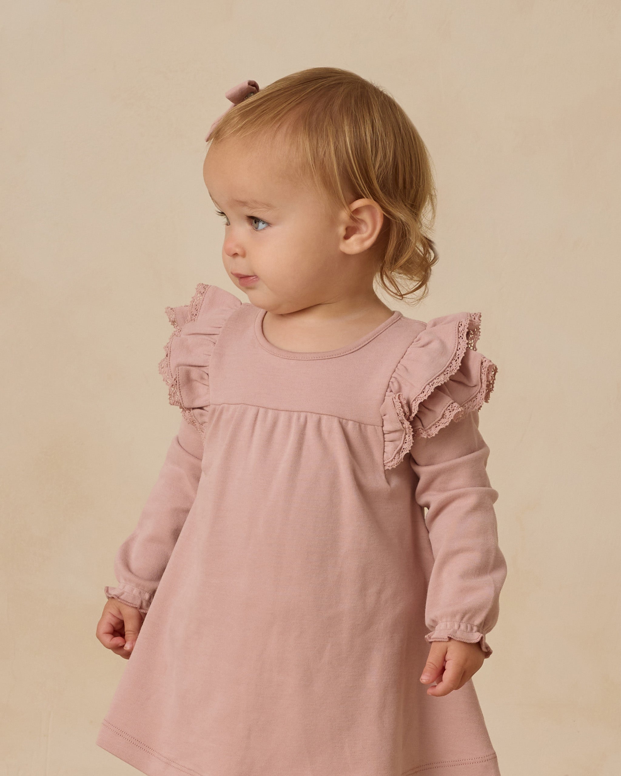 Long Sleeve Flutter Dress || Rose
