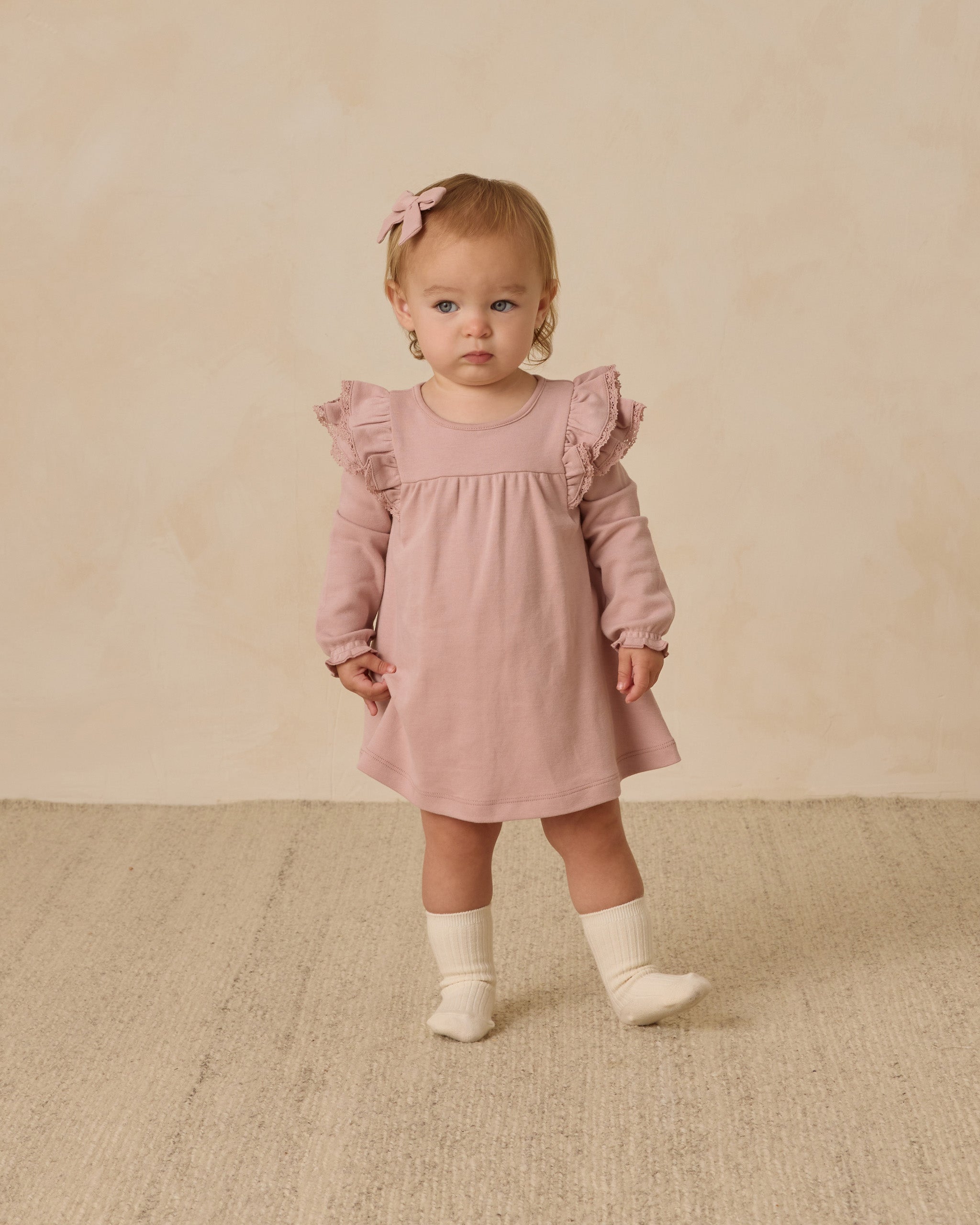 Long Sleeve Flutter Dress || Rose