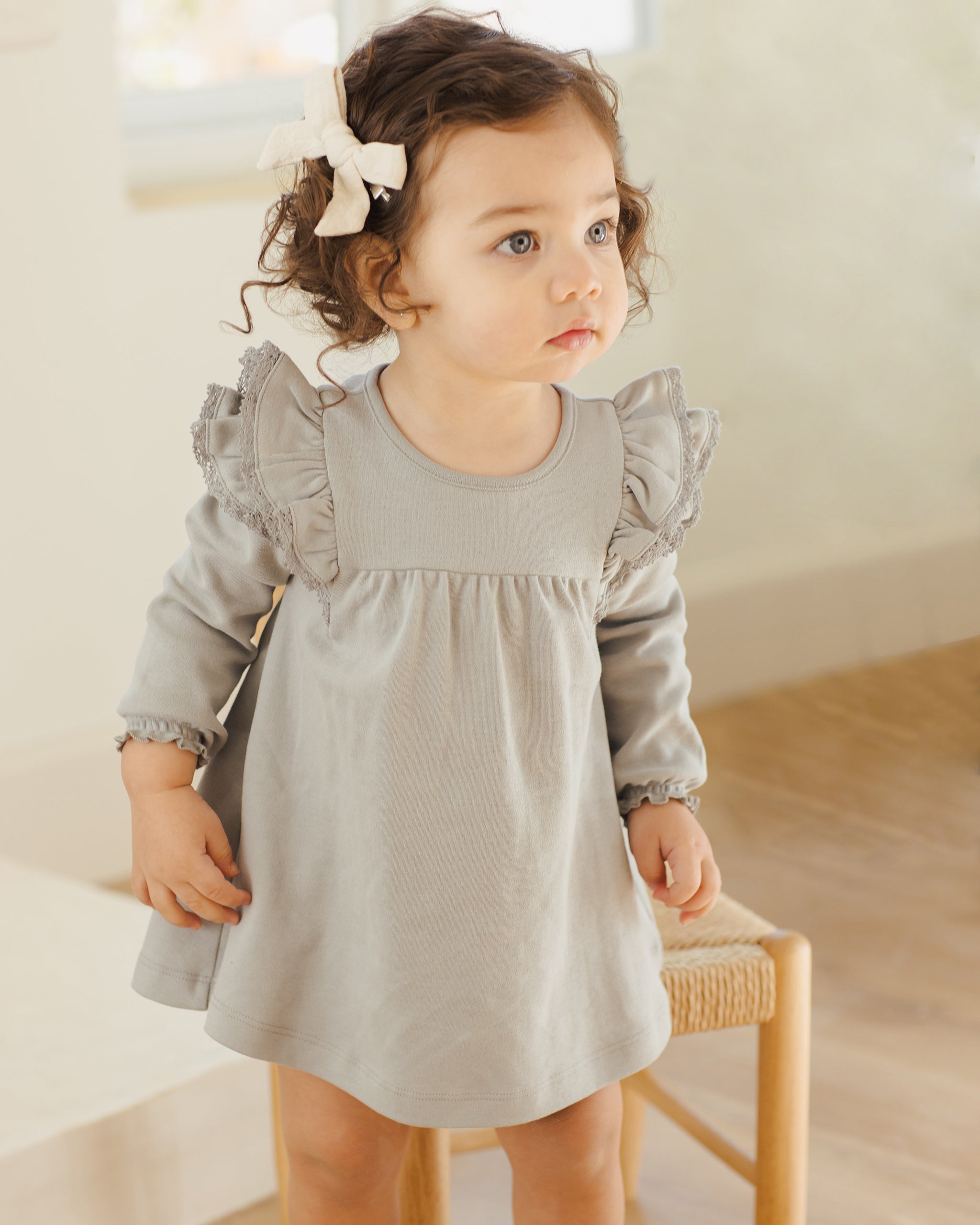 Long Sleeve Flutter Dress || Steel Blue