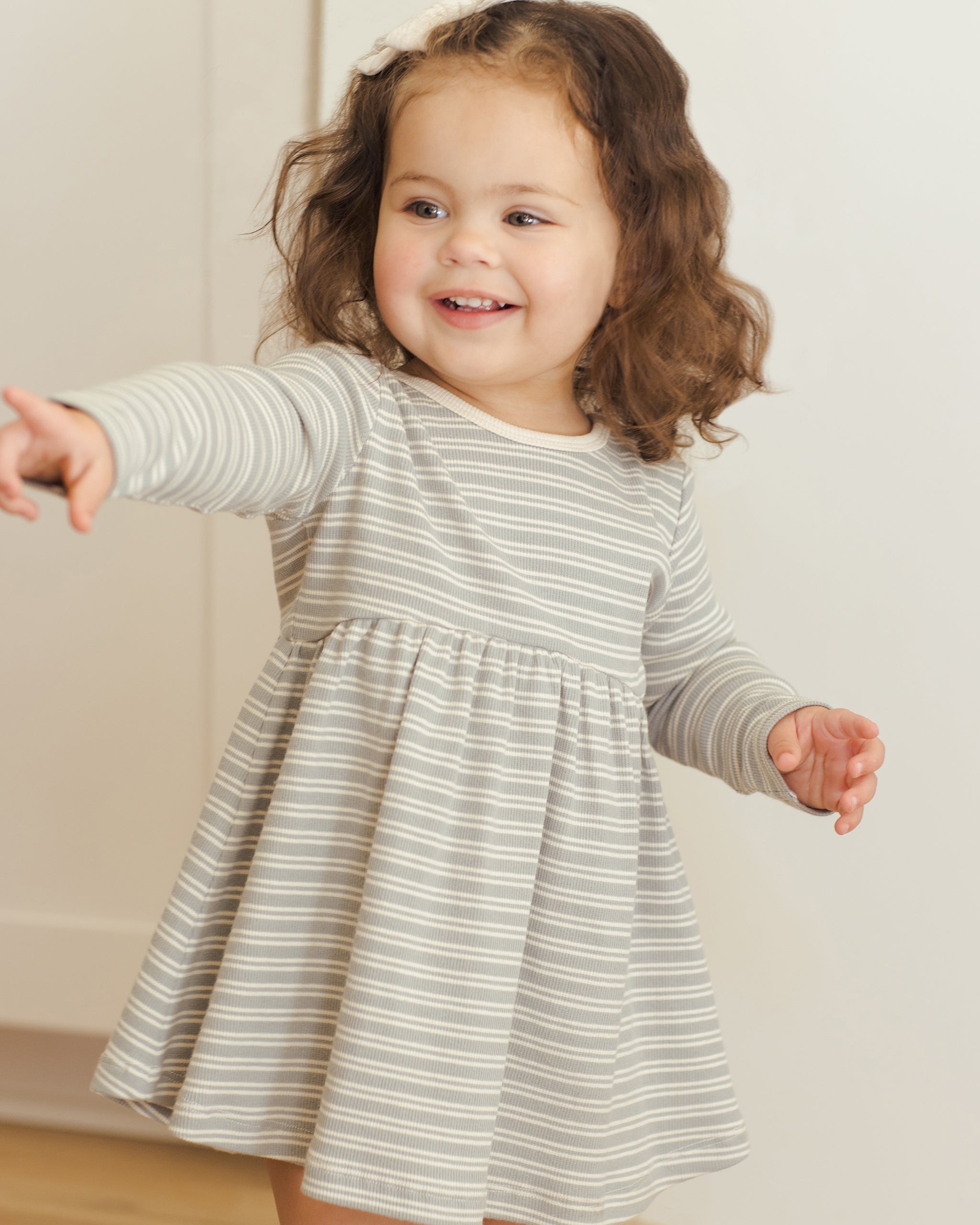 Ribbed Long Sleeve Dress || Steel Blue Micro Stripe