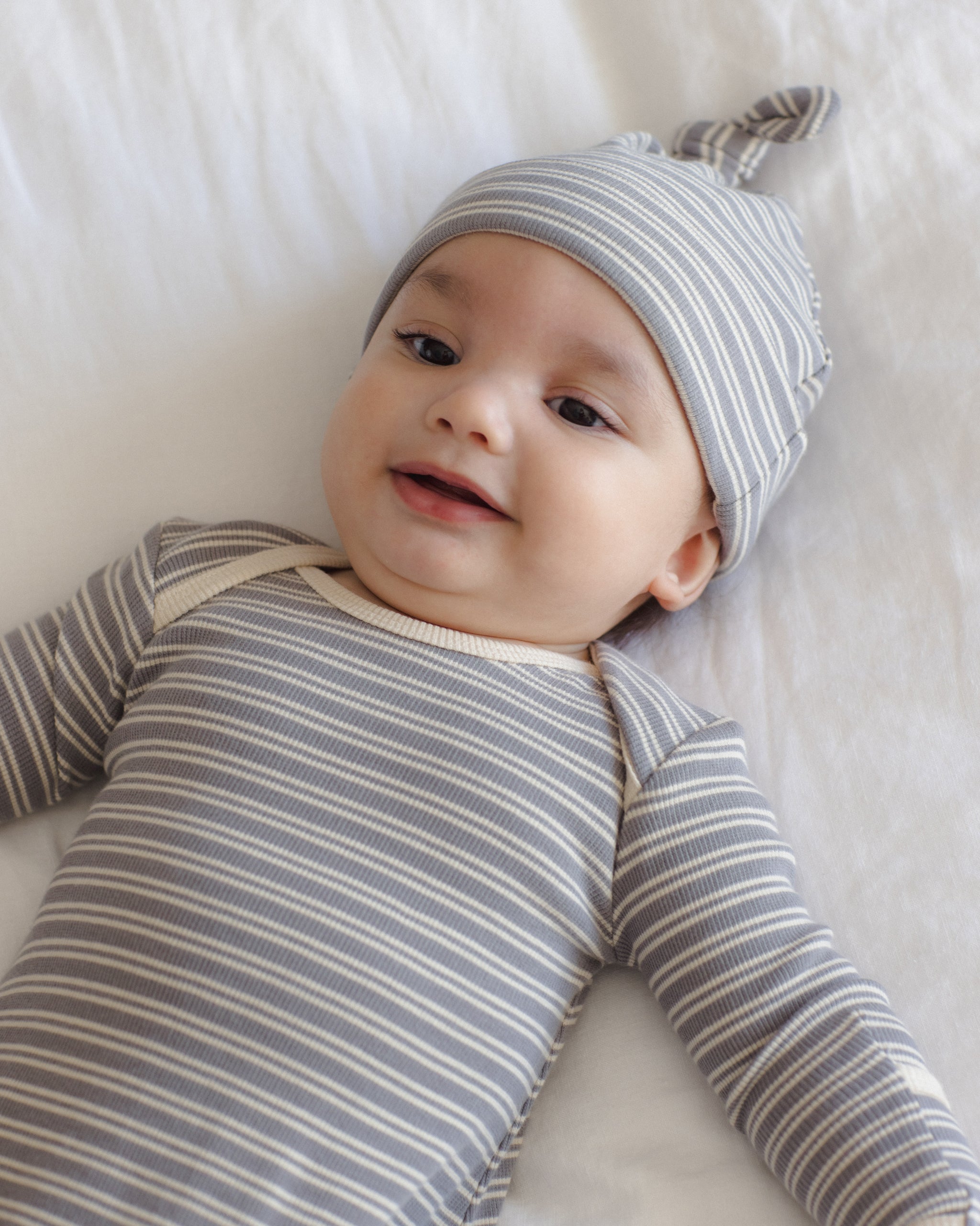 Knotted Baby Gown + Hat Set Slate Microstripe - Rylee + Cru | Kids Clothes | Trendy Baby Clothes | Modern Infant Outfits |