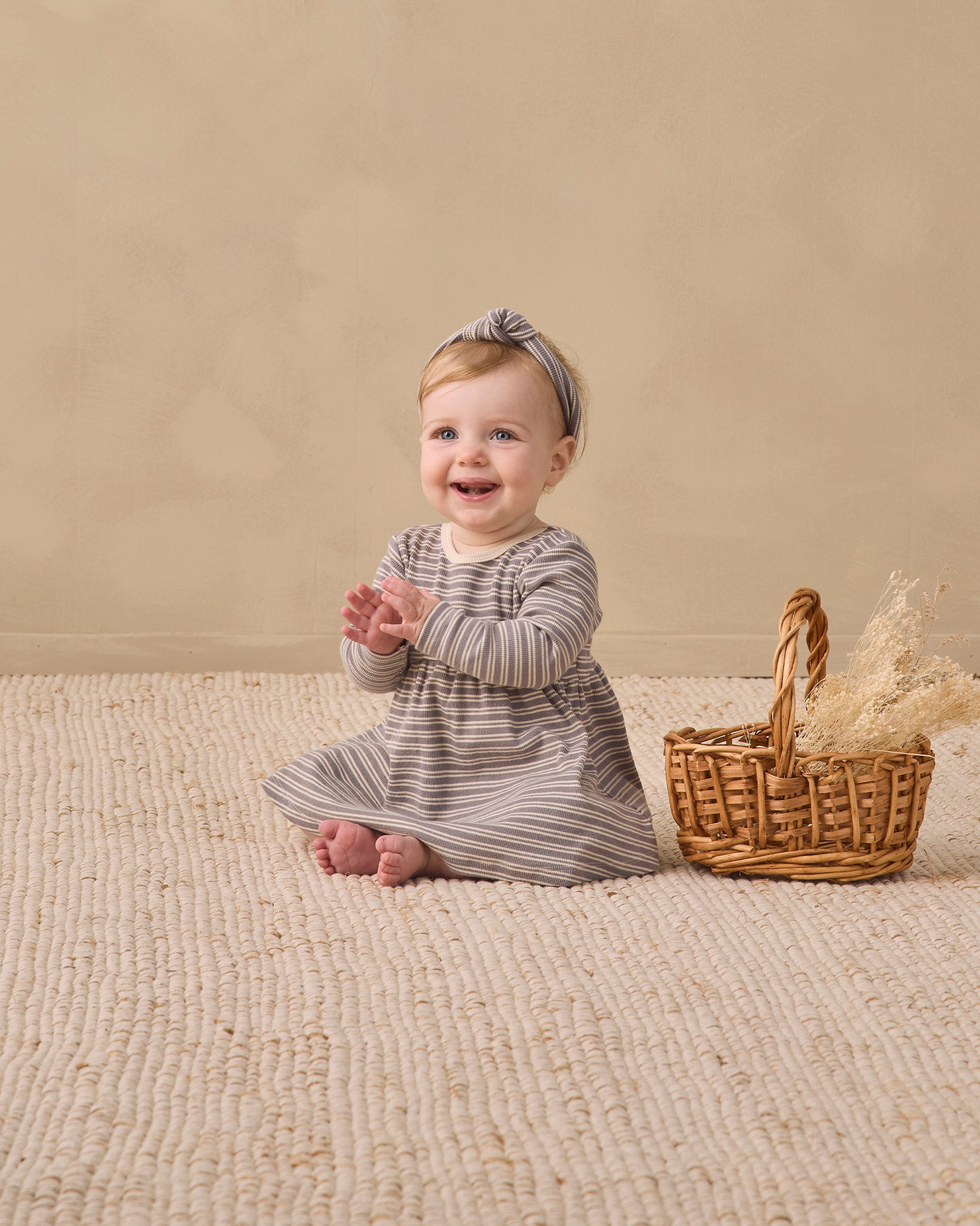 Ribbed Long Sleeve Dress Slate Microstripe - Rylee + Cru | Kids Clothes | Trendy Baby Clothes | Modern Infant Outfits |