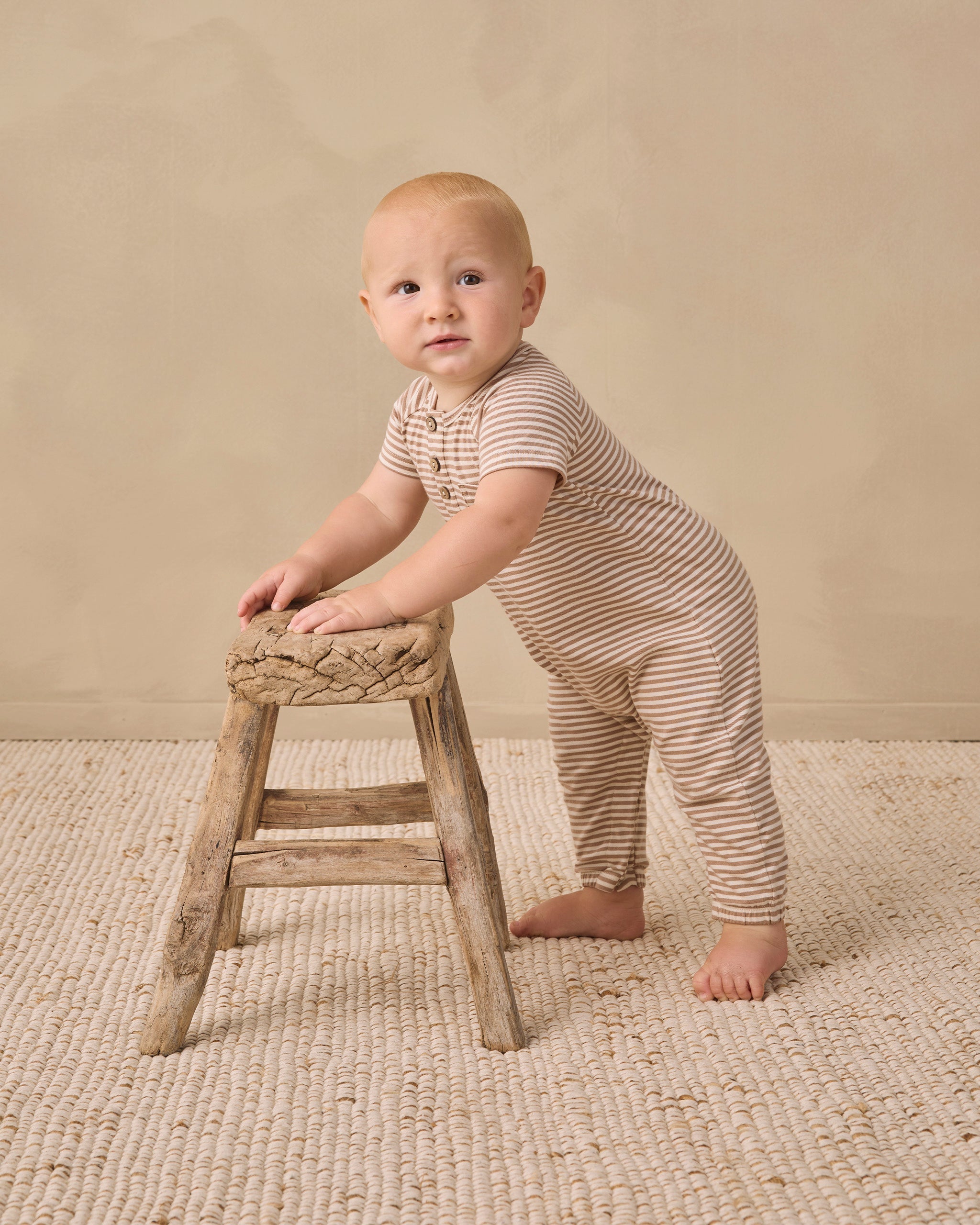 Short Sleeve Jumpsuit Almond Stripe - Rylee + Cru | Kids Clothes | Trendy Baby Clothes | Modern Infant Outfits |
