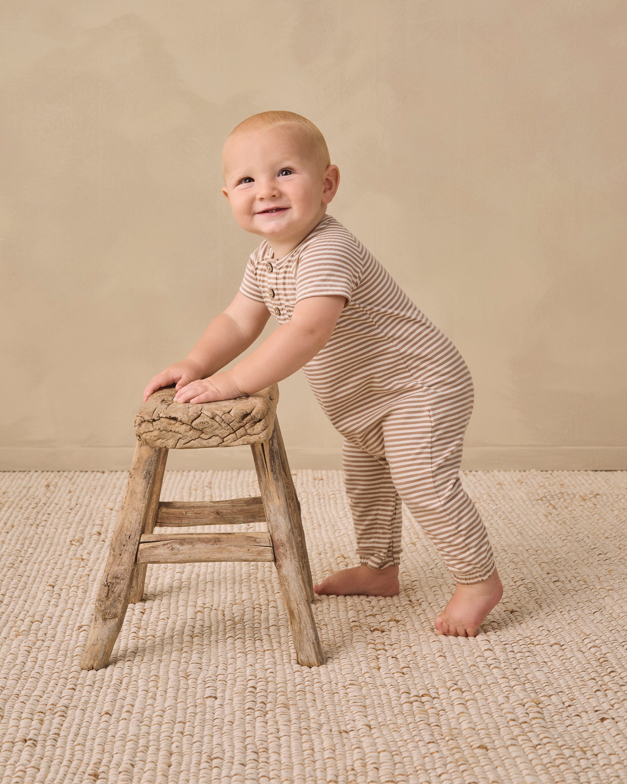 Short Sleeve Jumpsuit Almond Stripe - Rylee + Cru | Kids Clothes | Trendy Baby Clothes | Modern Infant Outfits |
