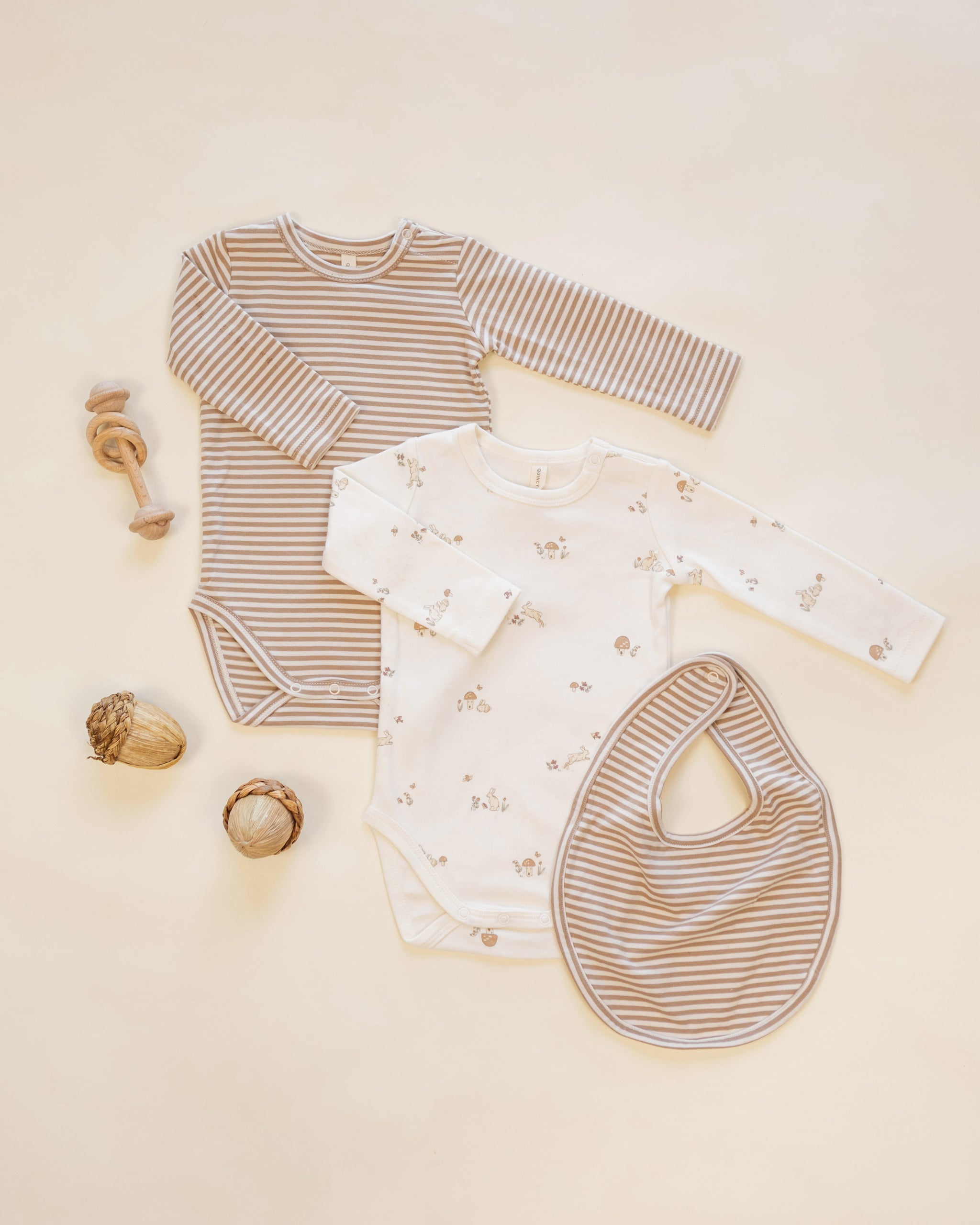 Jersey Snap Bib, 2 Pack Bunnies, Almond Stripe - Rylee + Cru | Kids Clothes | Trendy Baby Clothes | Modern Infant Outfits |