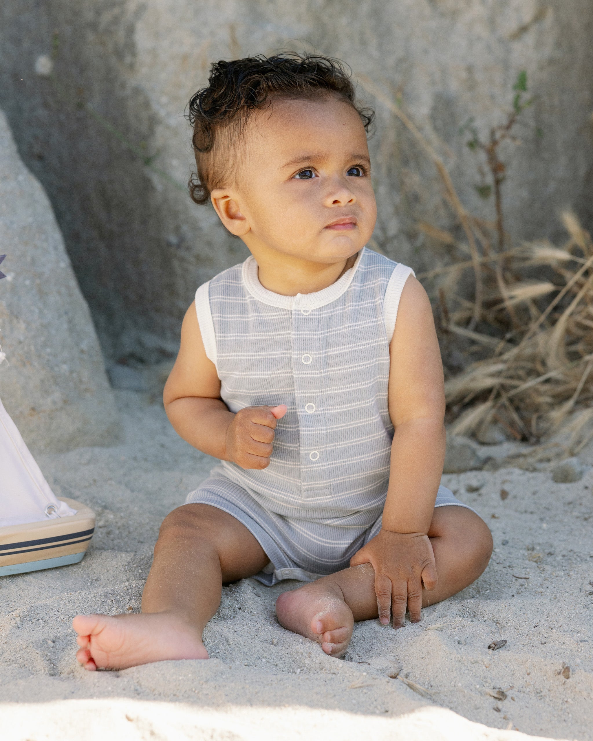 -Ribbed Henley Romper || Blue Pinstripe-