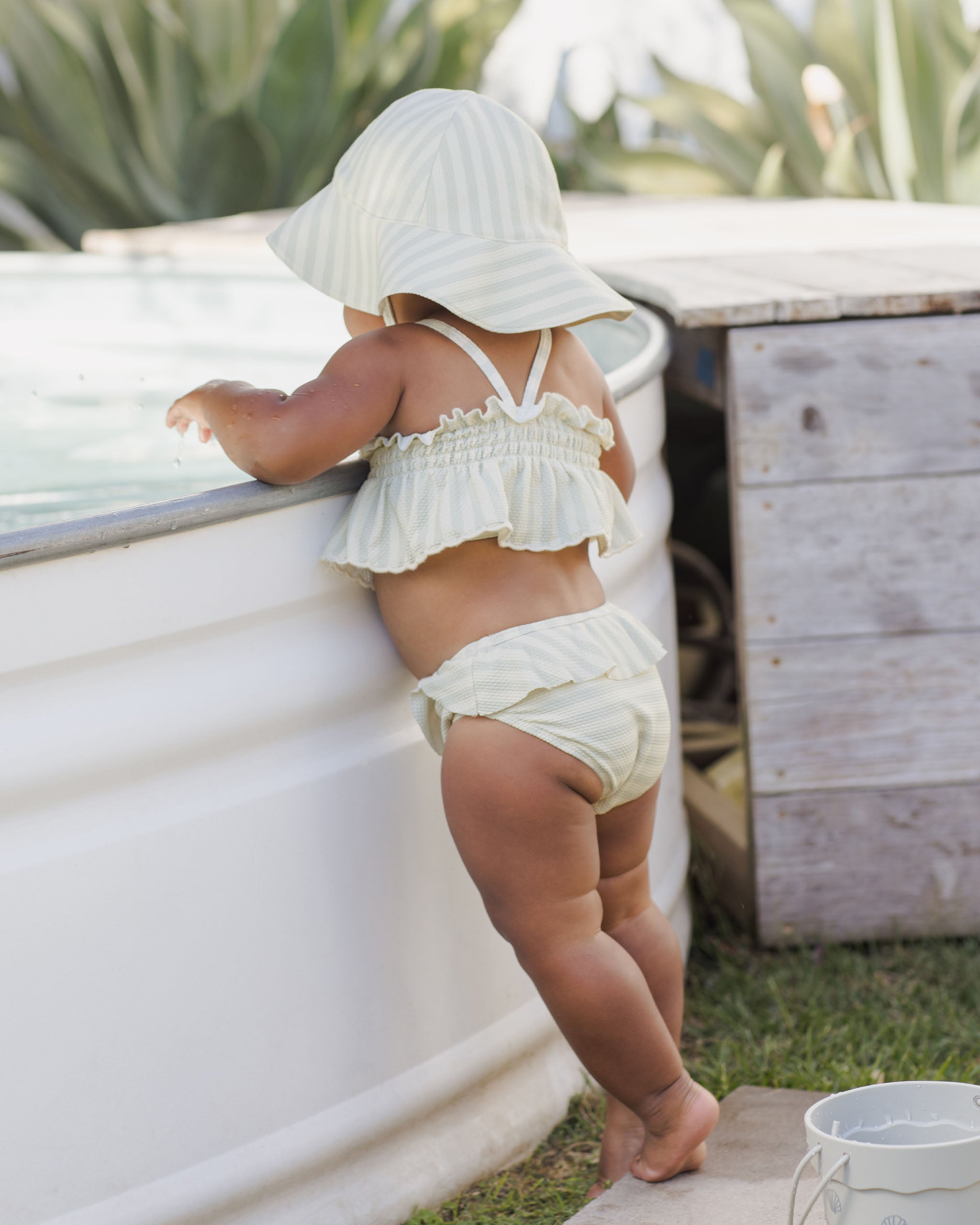 -Smocked Ruffle Bikini || Mint Stripe-