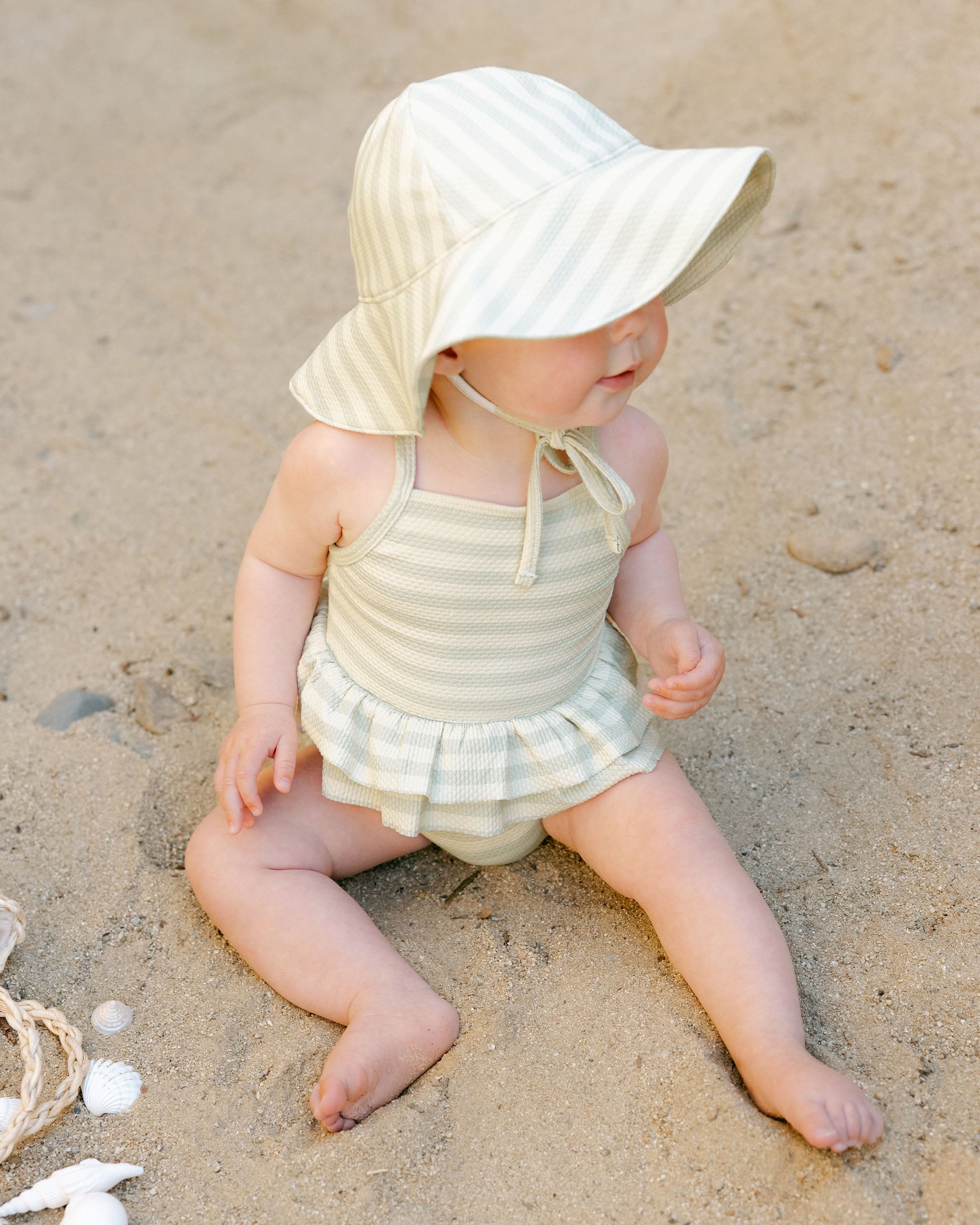 -Ruffled One-Piece Swimsuit || Mint Stripe-