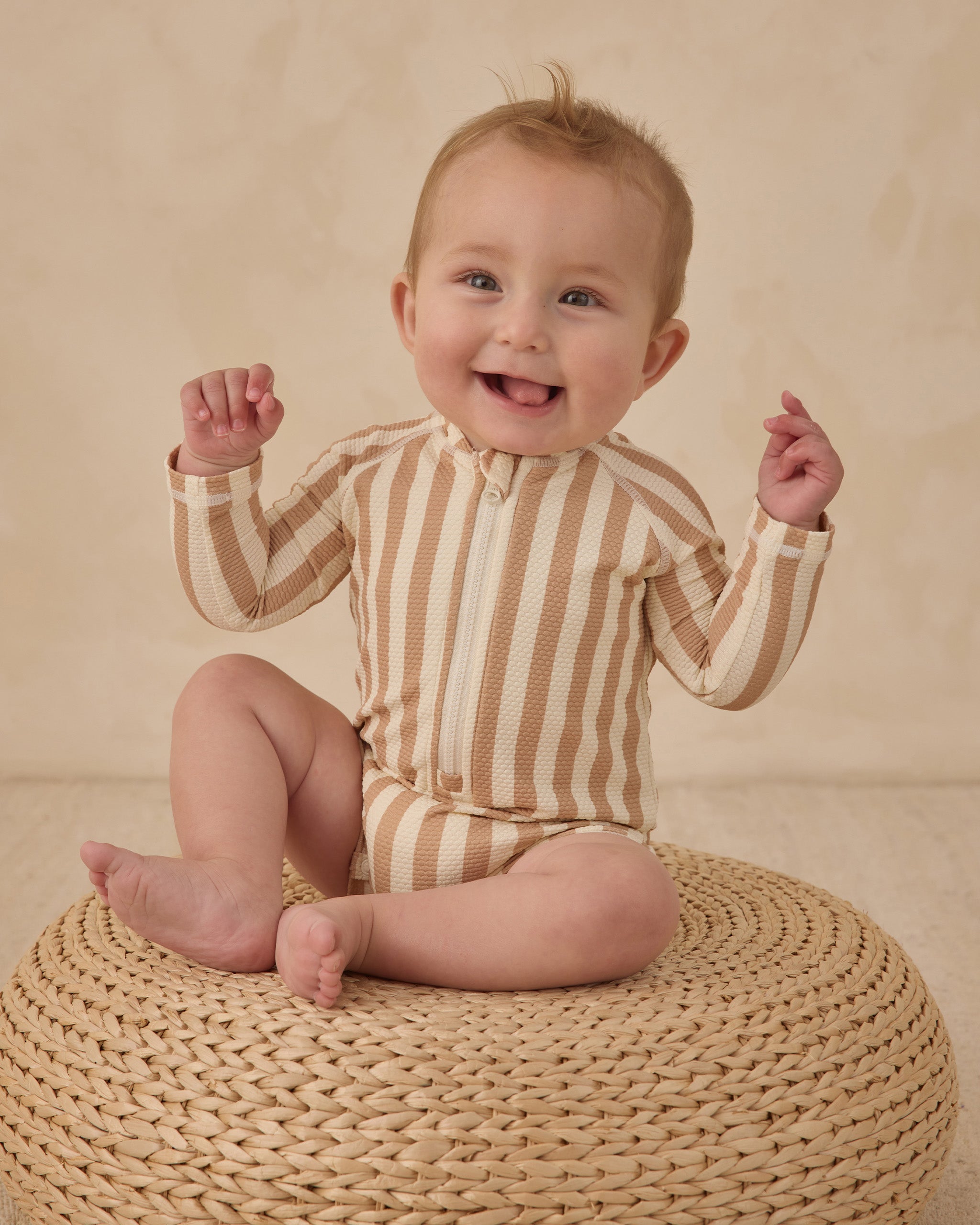 Long Sleeve One-Piece Rashguard Retro Latte Stripe - Rylee + Cru | Kids Clothes | Trendy Baby Clothes | Modern Infant Outfits |