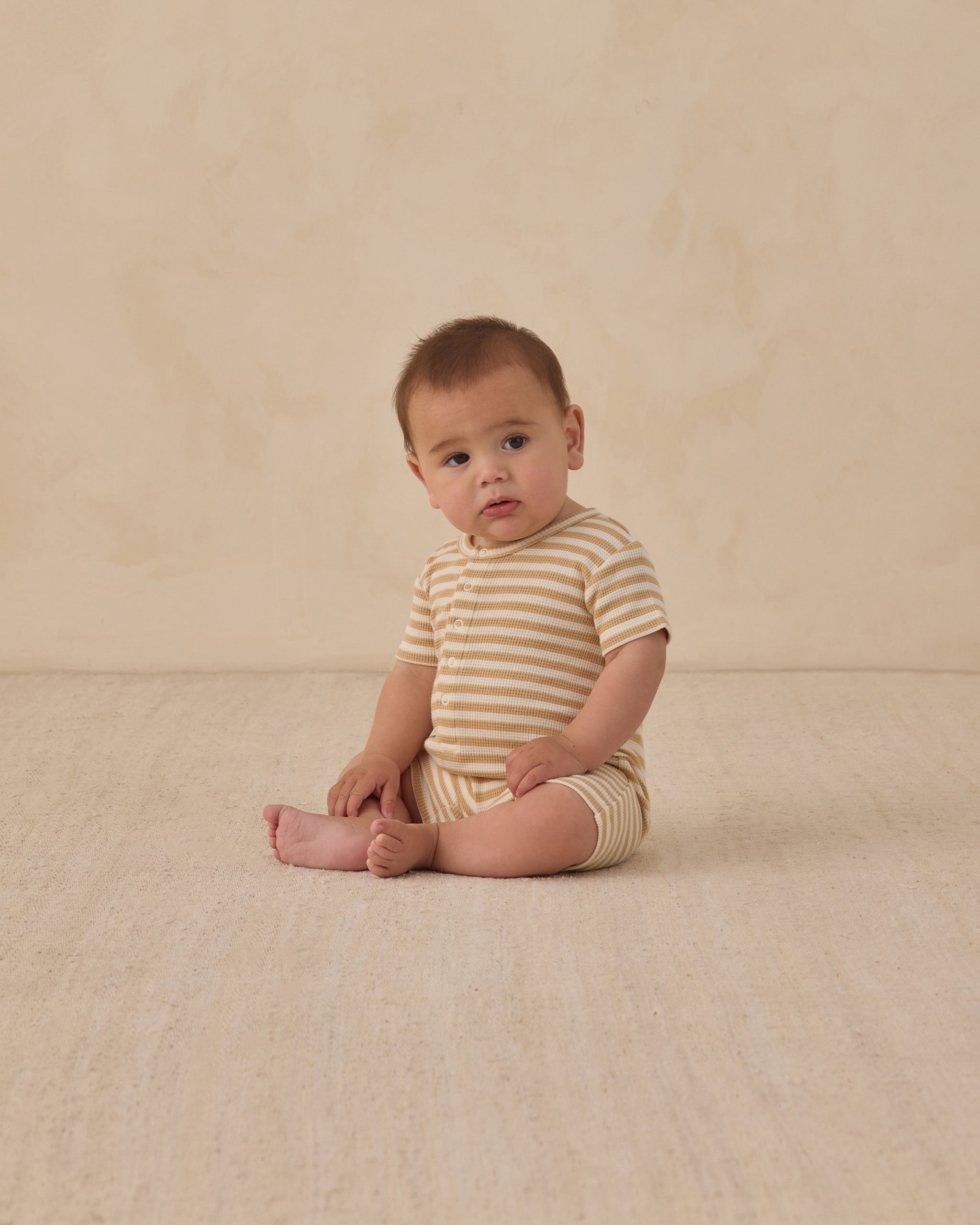 Waffle Snap Romper Butterscotch Stripe - Rylee + Cru | Kids Clothes | Trendy Baby Clothes | Modern Infant Outfits |