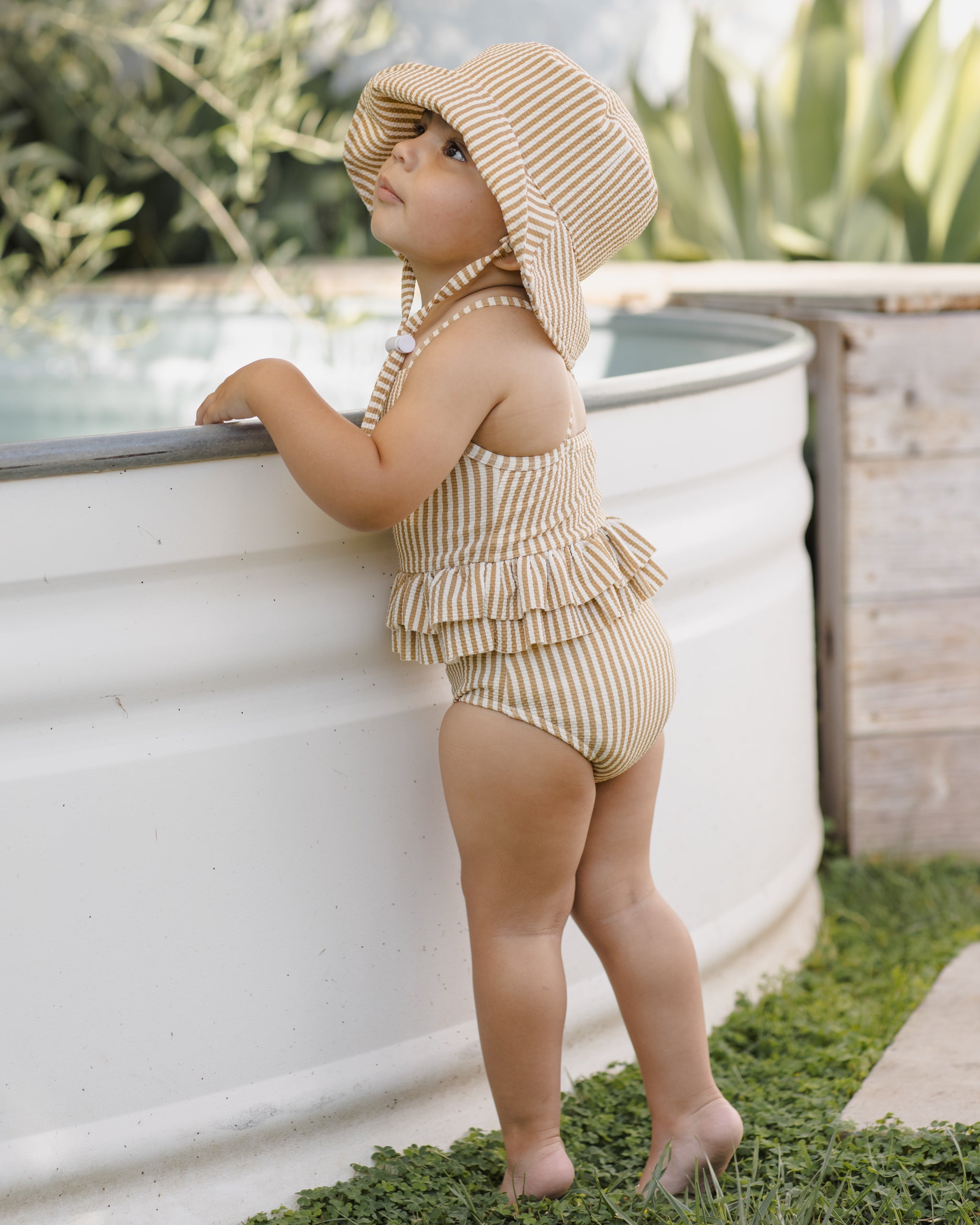 Ruffled One-Piece Swimsuit Honey Stripe Small - Rylee + Cru | Kids Clothes | Trendy Baby Clothes | Modern Infant Outfits |