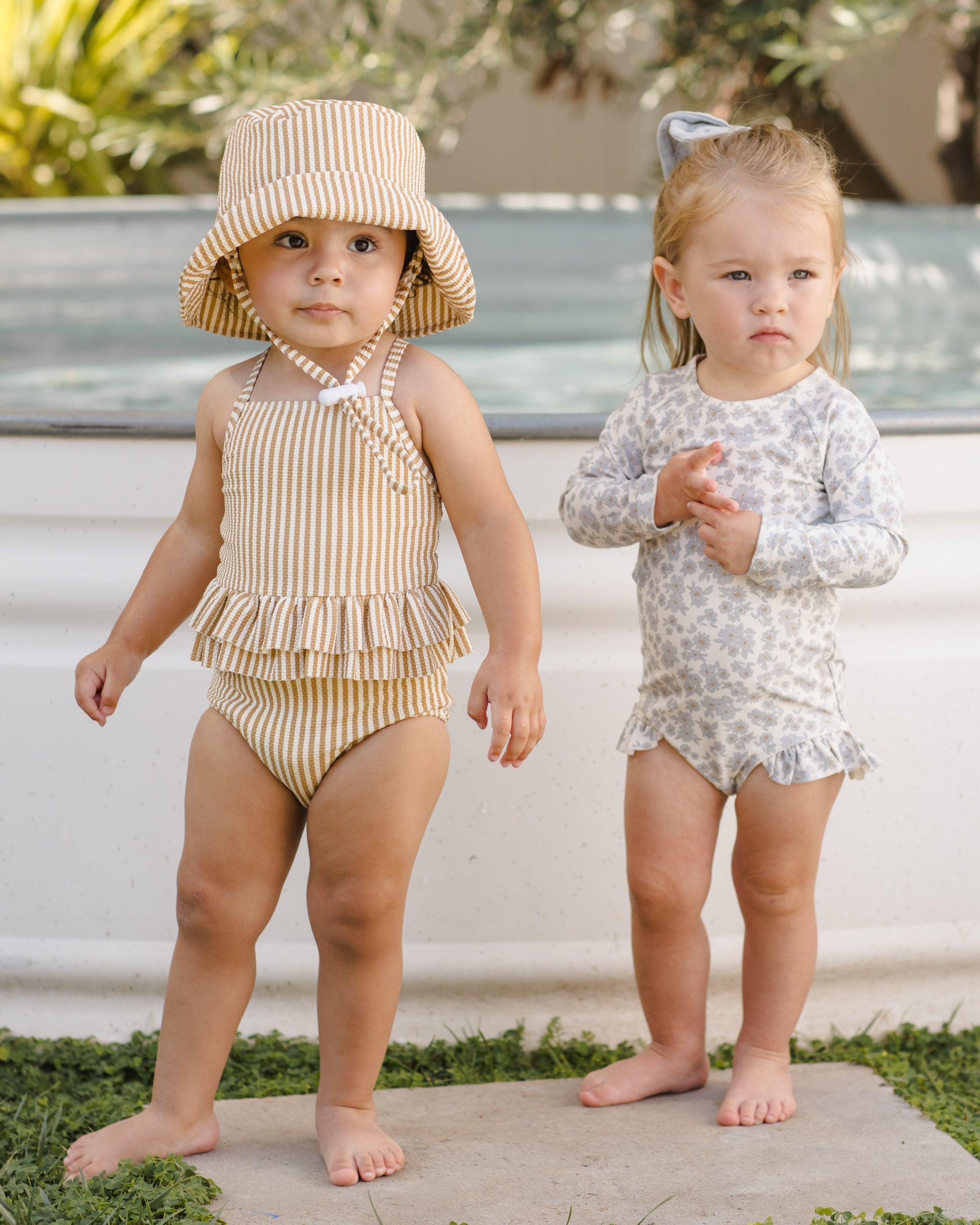 Ruffled One-Piece Swimsuit Honey Stripe Small - Rylee + Cru | Kids Clothes | Trendy Baby Clothes | Modern Infant Outfits |