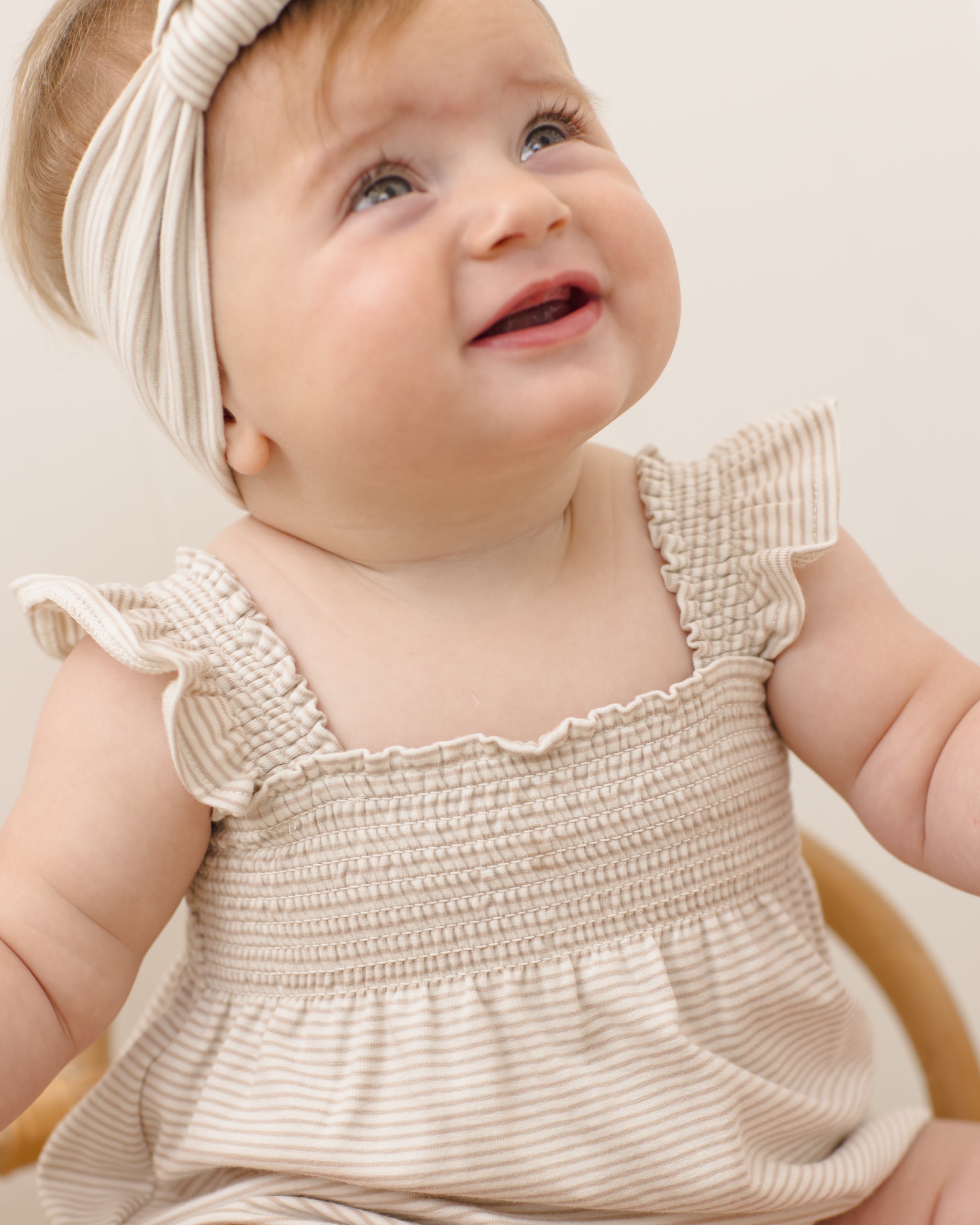 Smocked Ruffle Sleeve Romper Oat Micro Stripe - Rylee + Cru | Kids Clothes | Trendy Baby Clothes | Modern Infant Outfits |