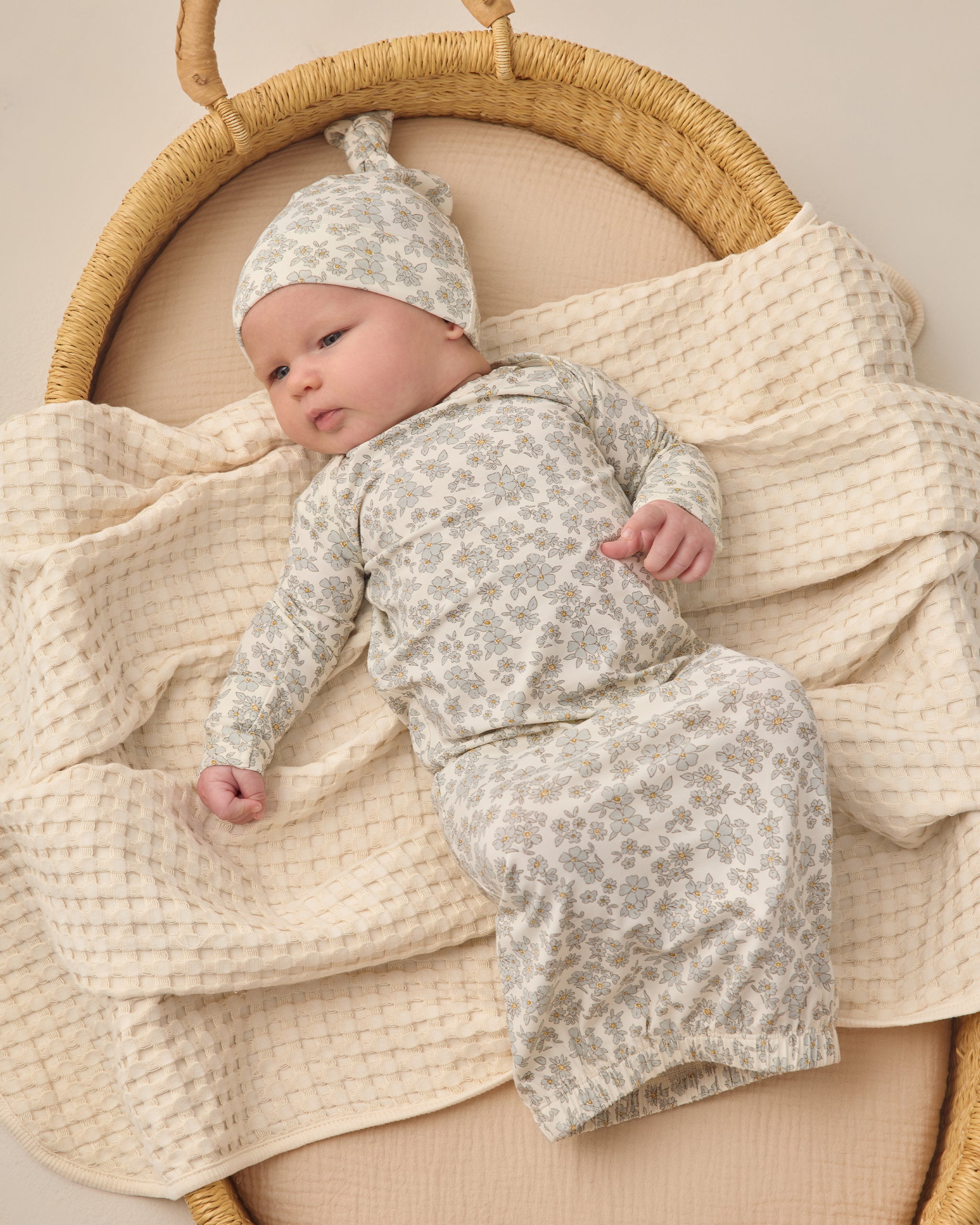 Bamboo Baby Gown + Hat Set Blue Floral - Rylee + Cru | Kids Clothes | Trendy Baby Clothes | Modern Infant Outfits |