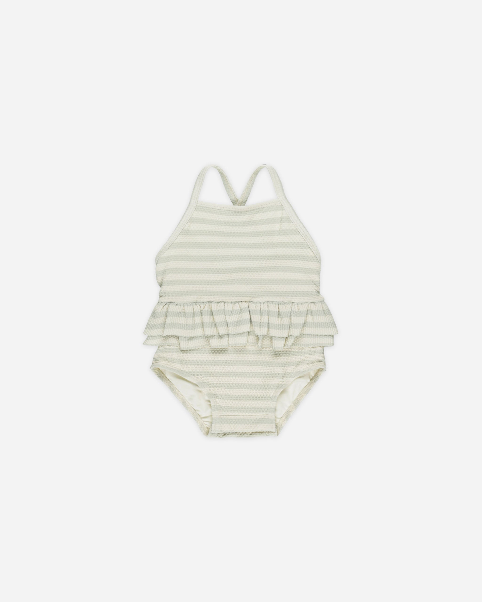 -Ruffled One-Piece Swimsuit || Mint Stripe-