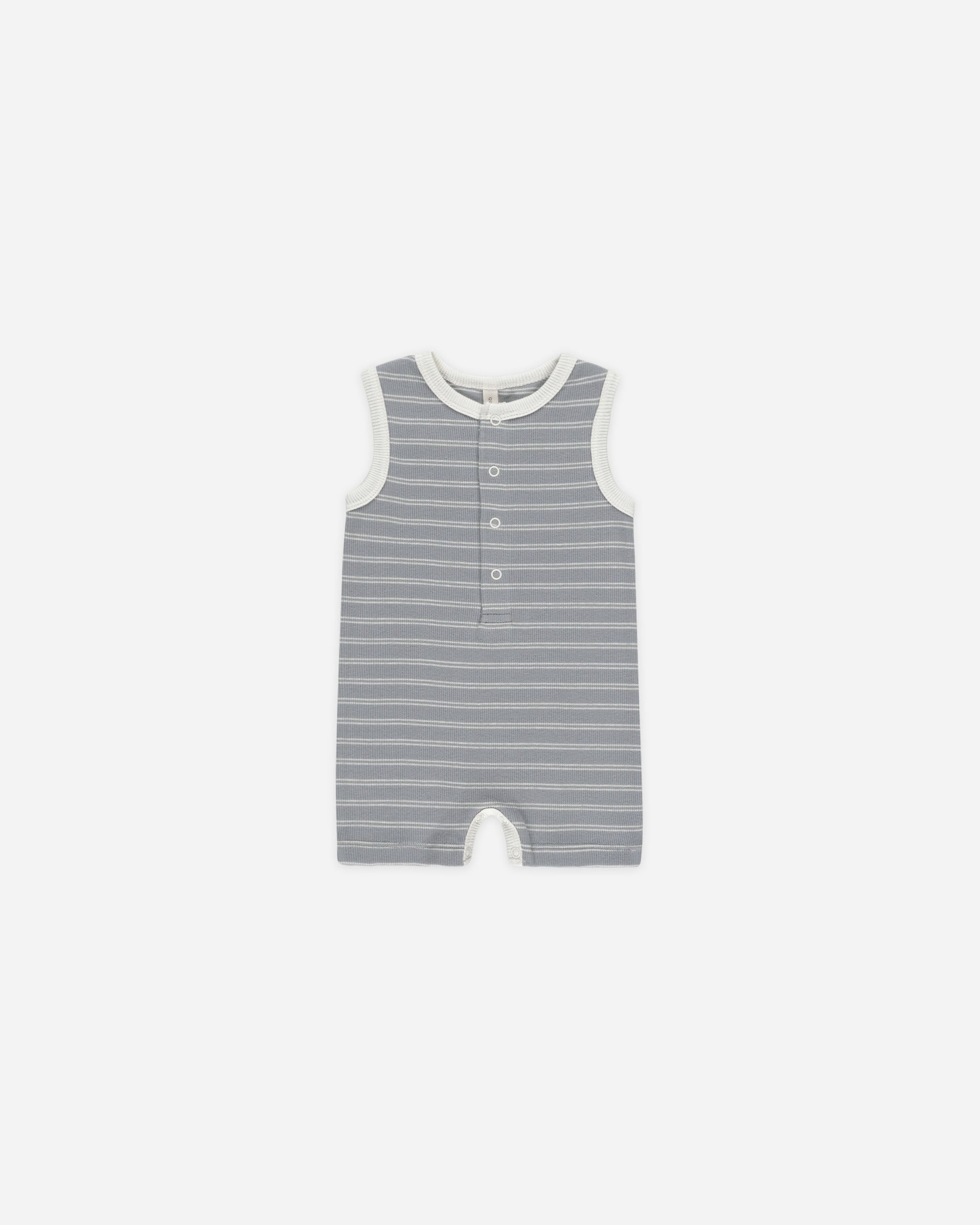 -Ribbed Henley Romper || Blue Pinstripe-