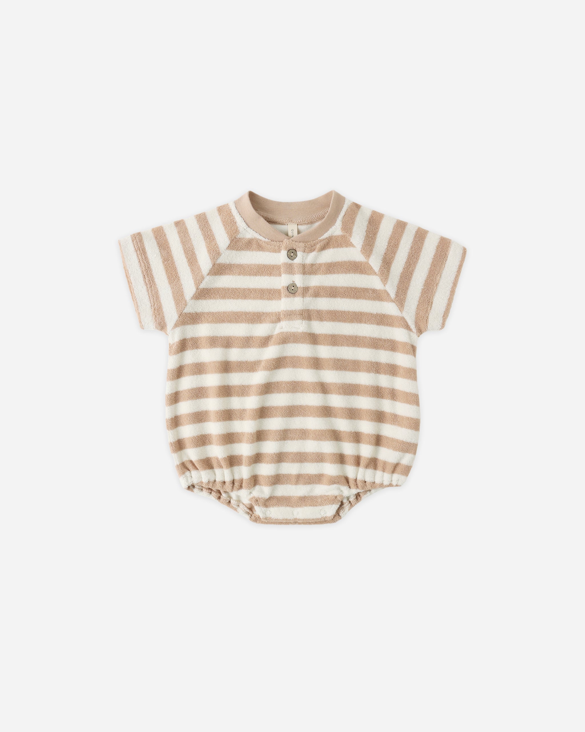 Terry Henley Romper Latte Stripe - Rylee + Cru | Kids Clothes | Trendy Baby Clothes | Modern Infant Outfits |