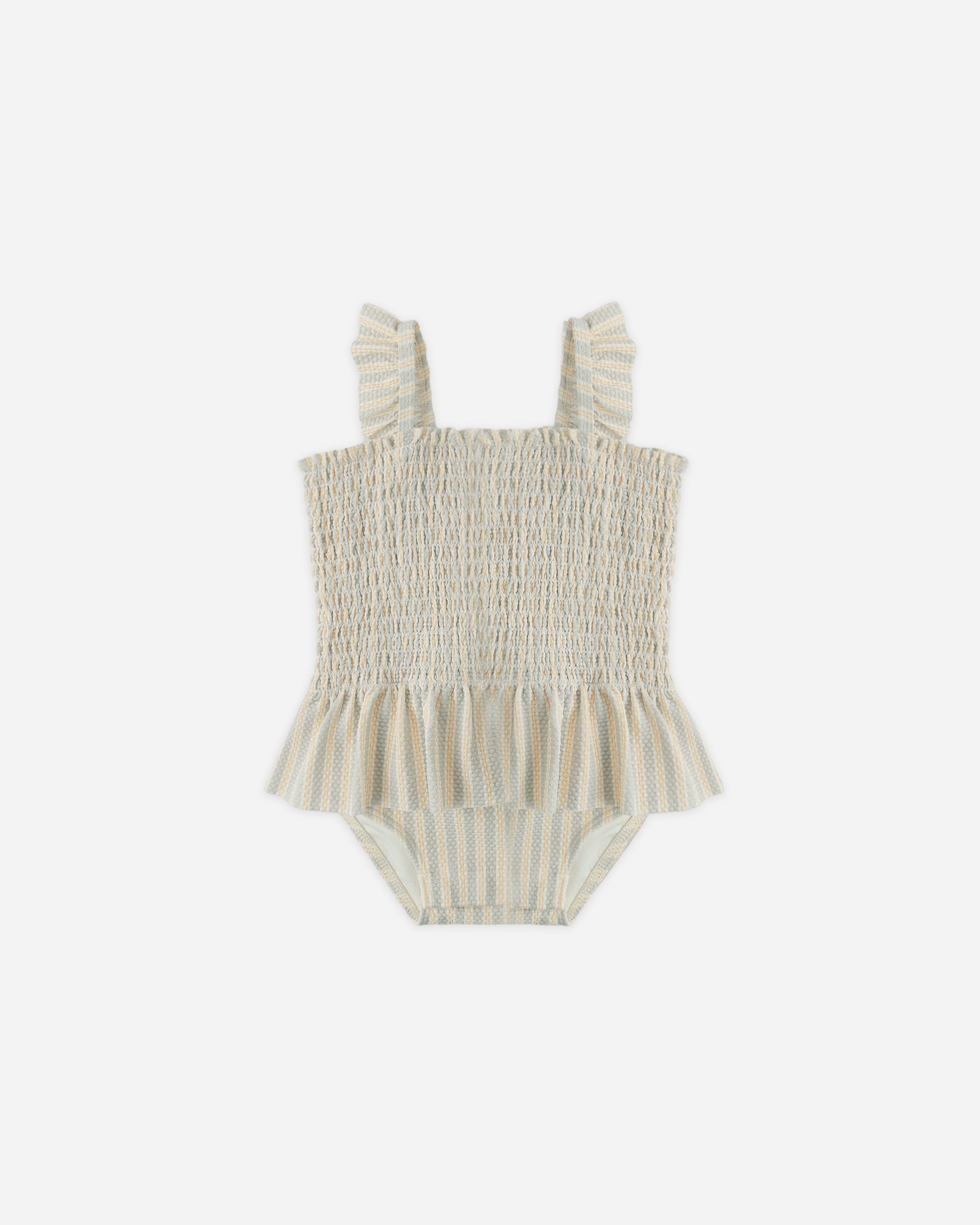 Smocked One-Piece Swimsuit Blue + Butterscotch Stripe - Rylee + Cru | Kids Clothes | Trendy Baby Clothes | Modern Infant Outfits |