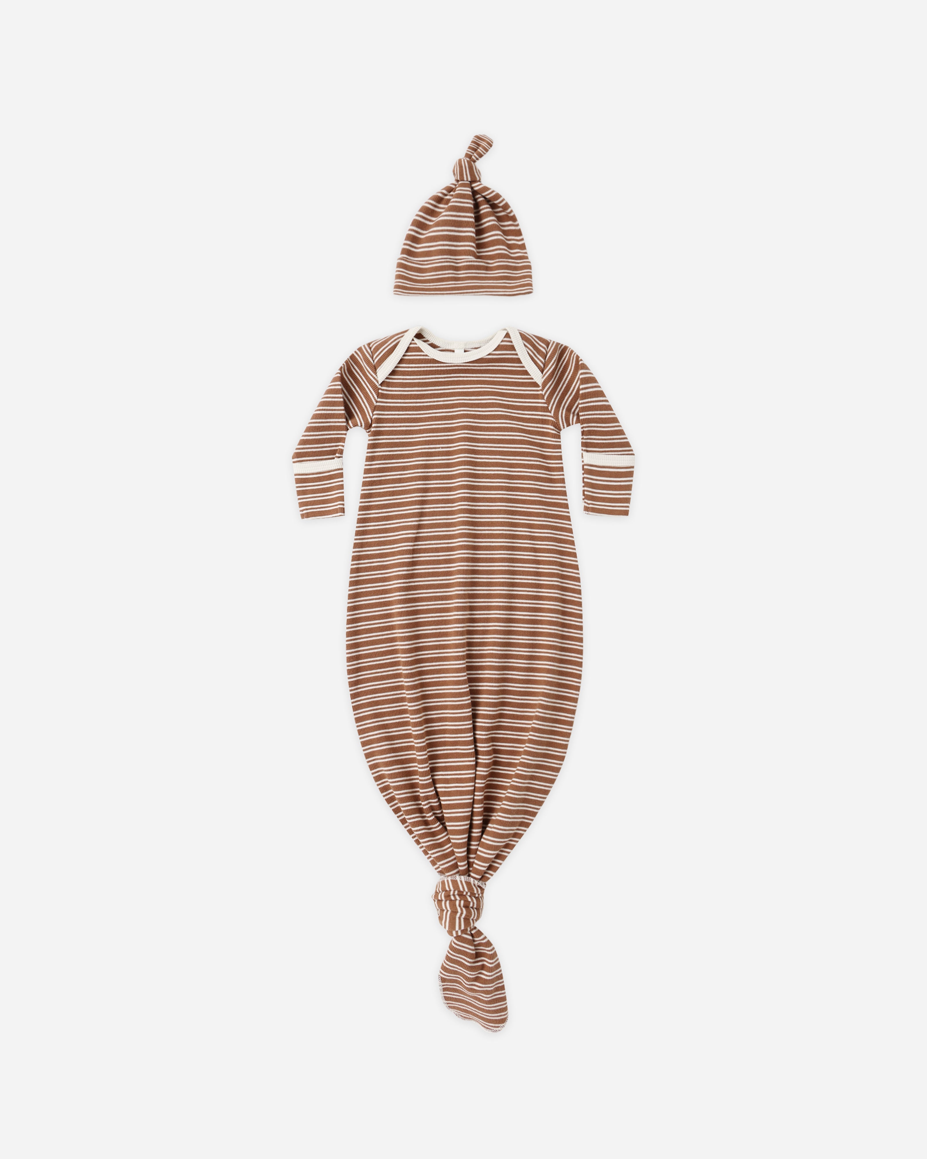 Ensemble robe et bonnet noués pour bébé || Micro rayures cèdre