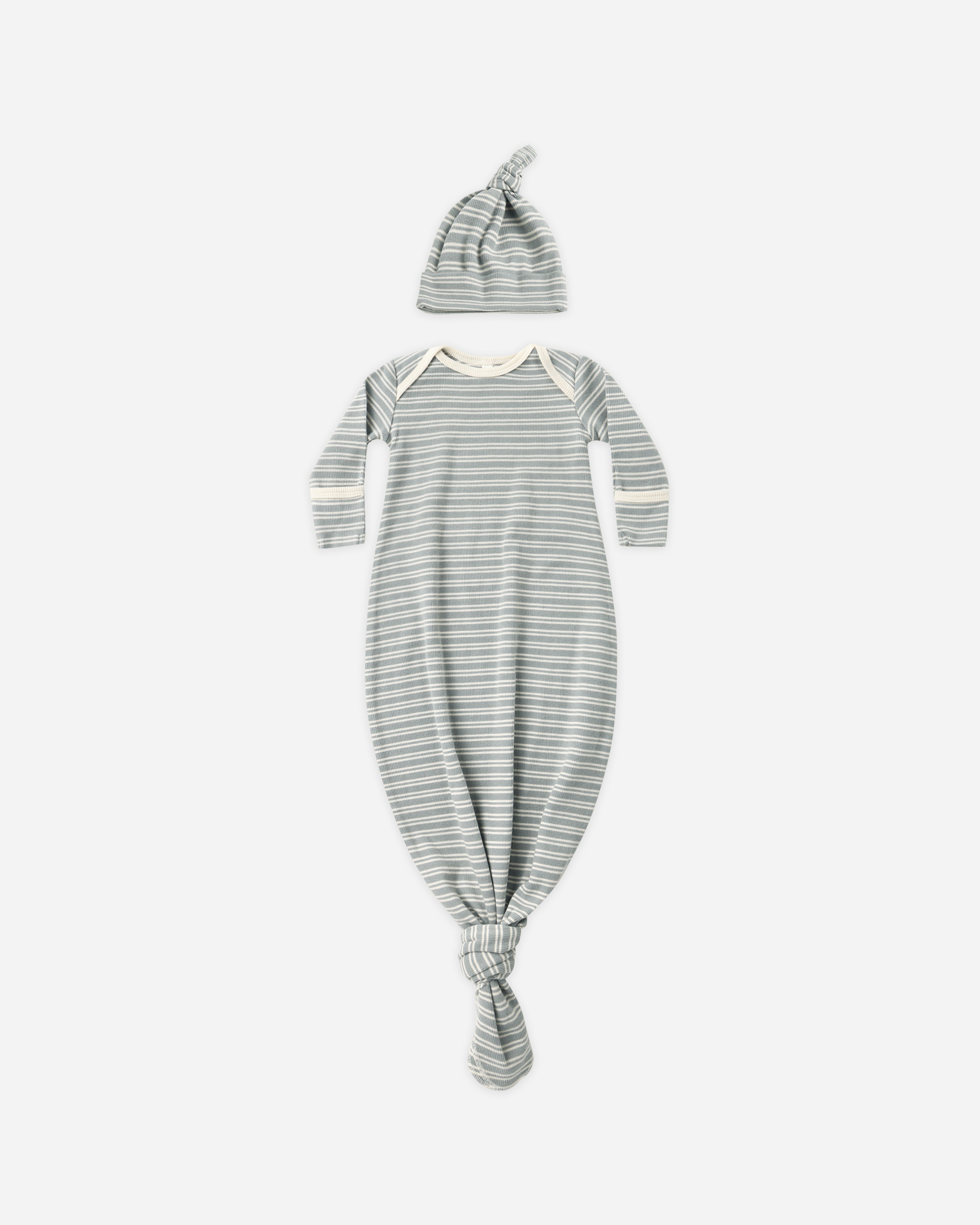 Ensemble robe et bonnet noués pour bébé || Micro rayures bleu acier