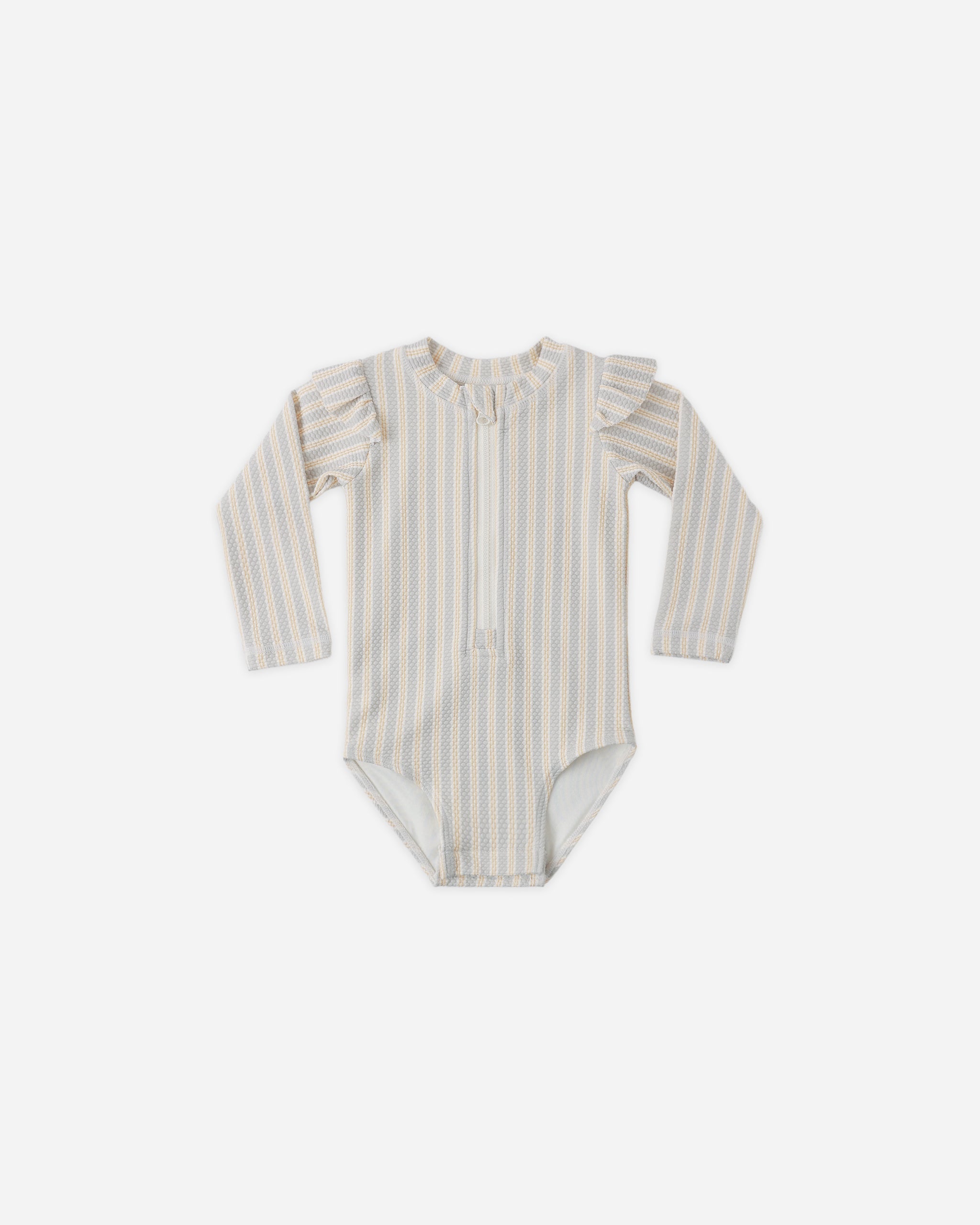 Byron Rashguard One-Piece Blue + Butterscotch Stripe - Rylee + Cru | Kids Clothes | Trendy Baby Clothes | Modern Infant Outfits |