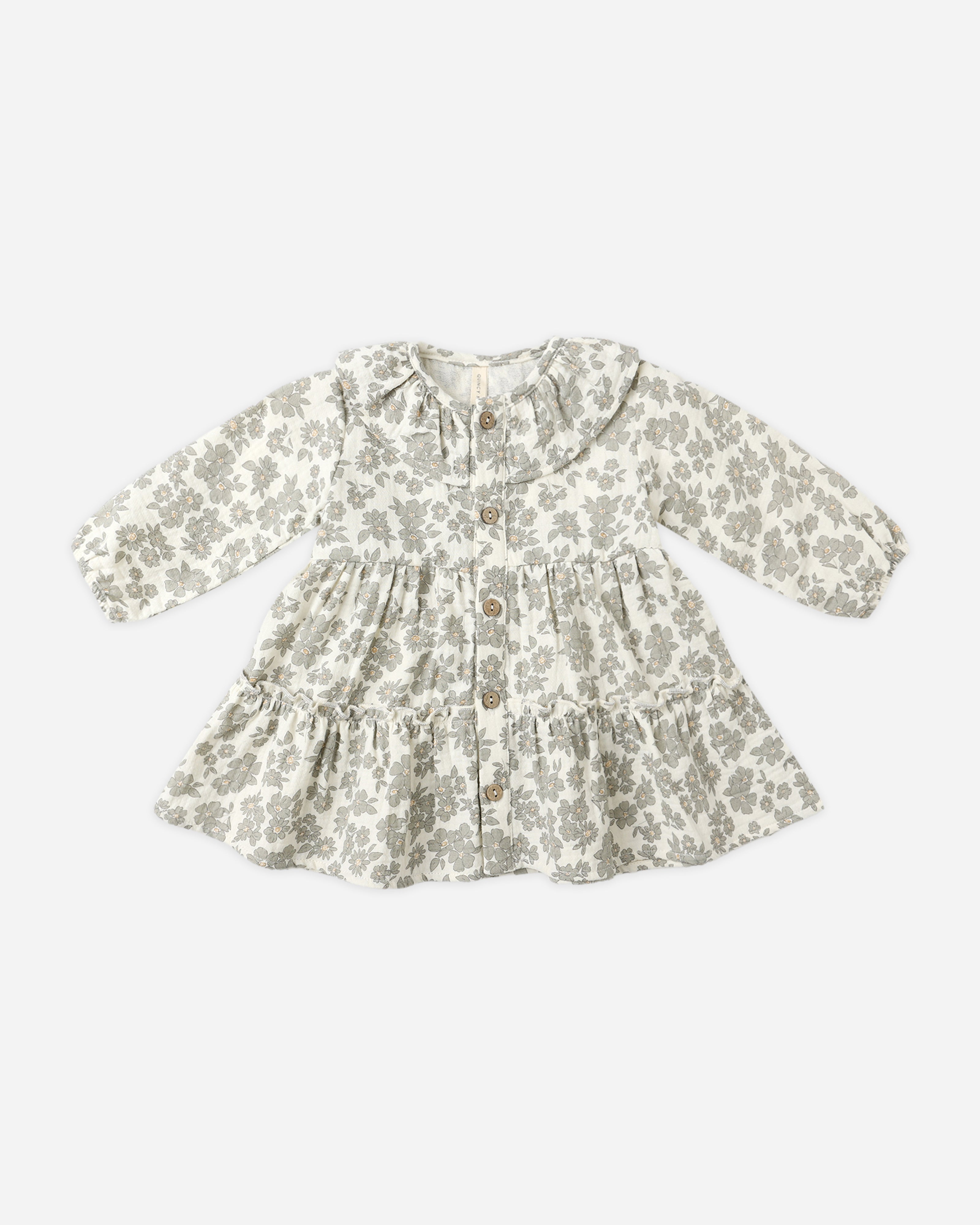 Robe boutonnée à col volanté || Floral vert