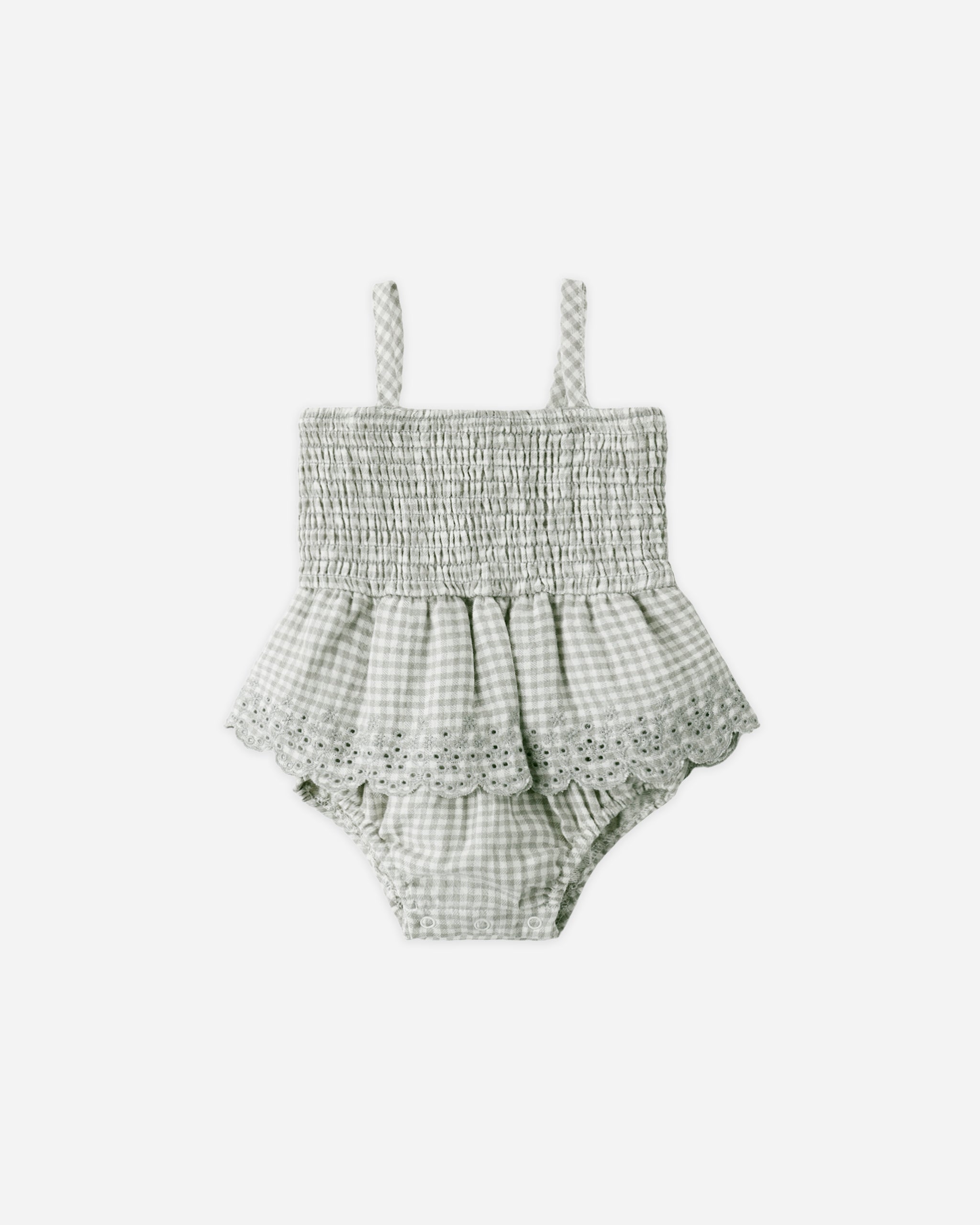 Smocked Skirted Romper Sage Gingham - Rylee + Cru | Kids Clothes | Trendy Baby Clothes | Modern Infant Outfits |