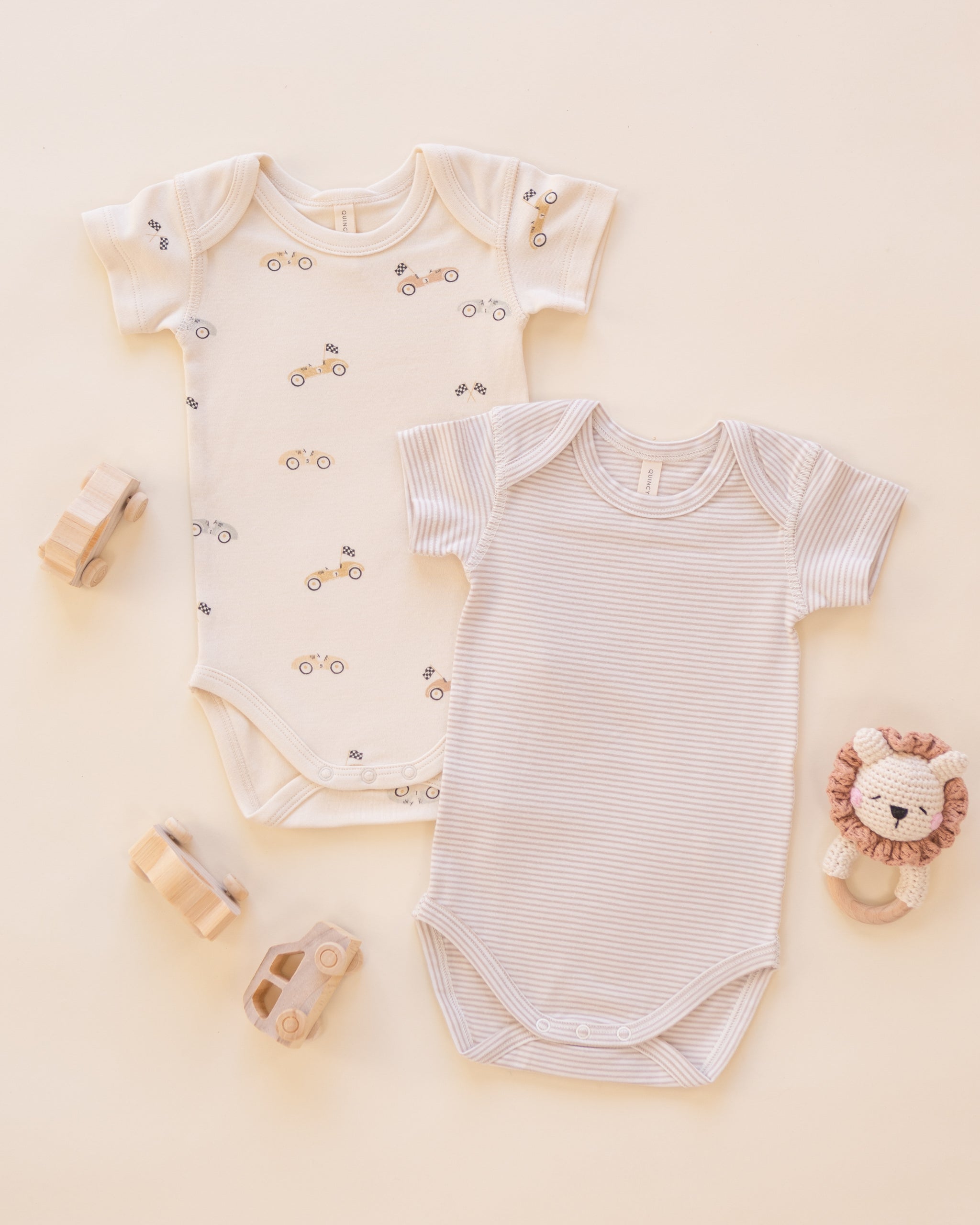 Short Sleeve Bodysuit Pack Race Car, Oat Micro Stripe - Rylee + Cru | Kids Clothes | Trendy Baby Clothes | Modern Infant Outfits |