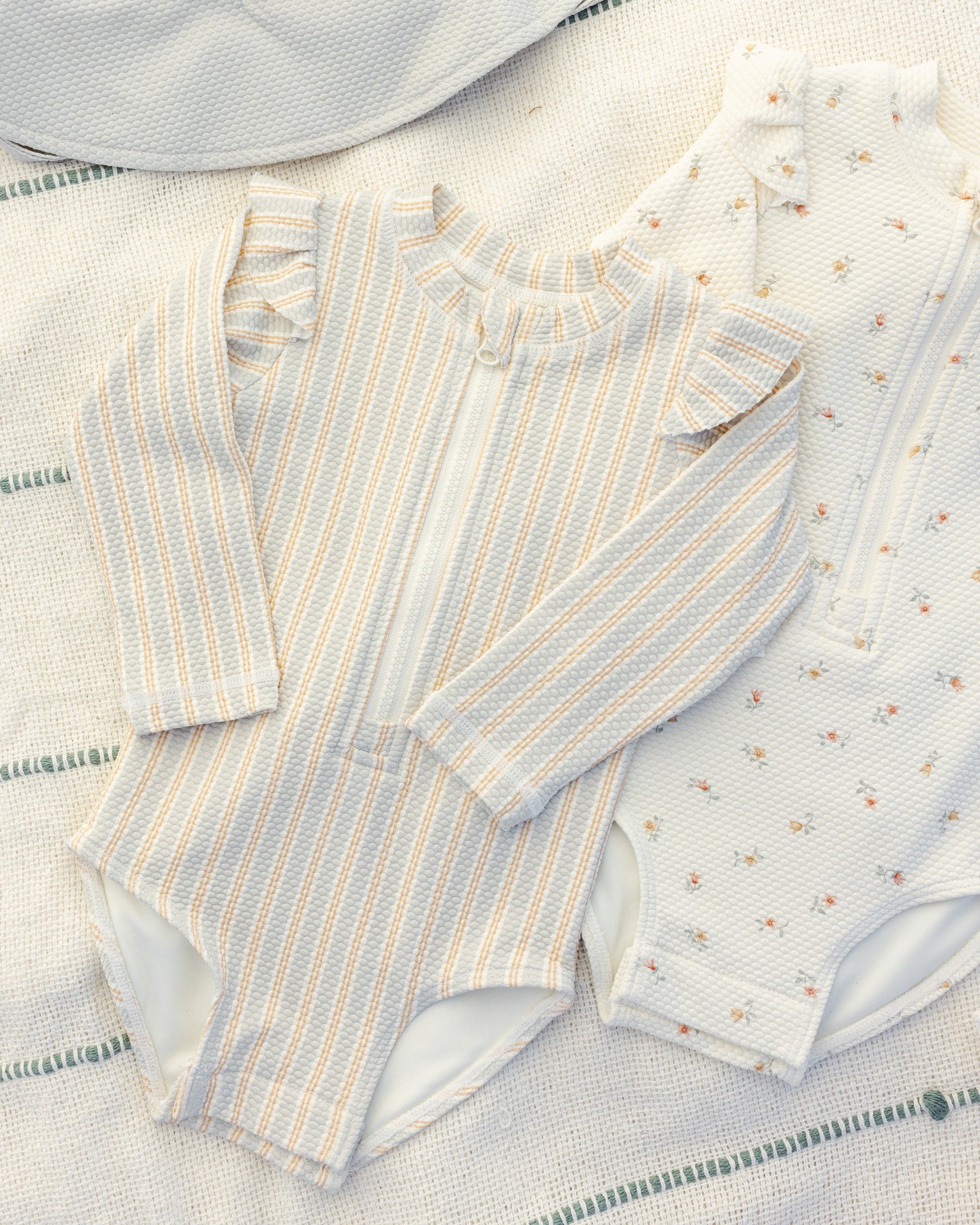 Byron Rashguard One-Piece Blue + Butterscotch Stripe - Rylee + Cru | Kids Clothes | Trendy Baby Clothes | Modern Infant Outfits |