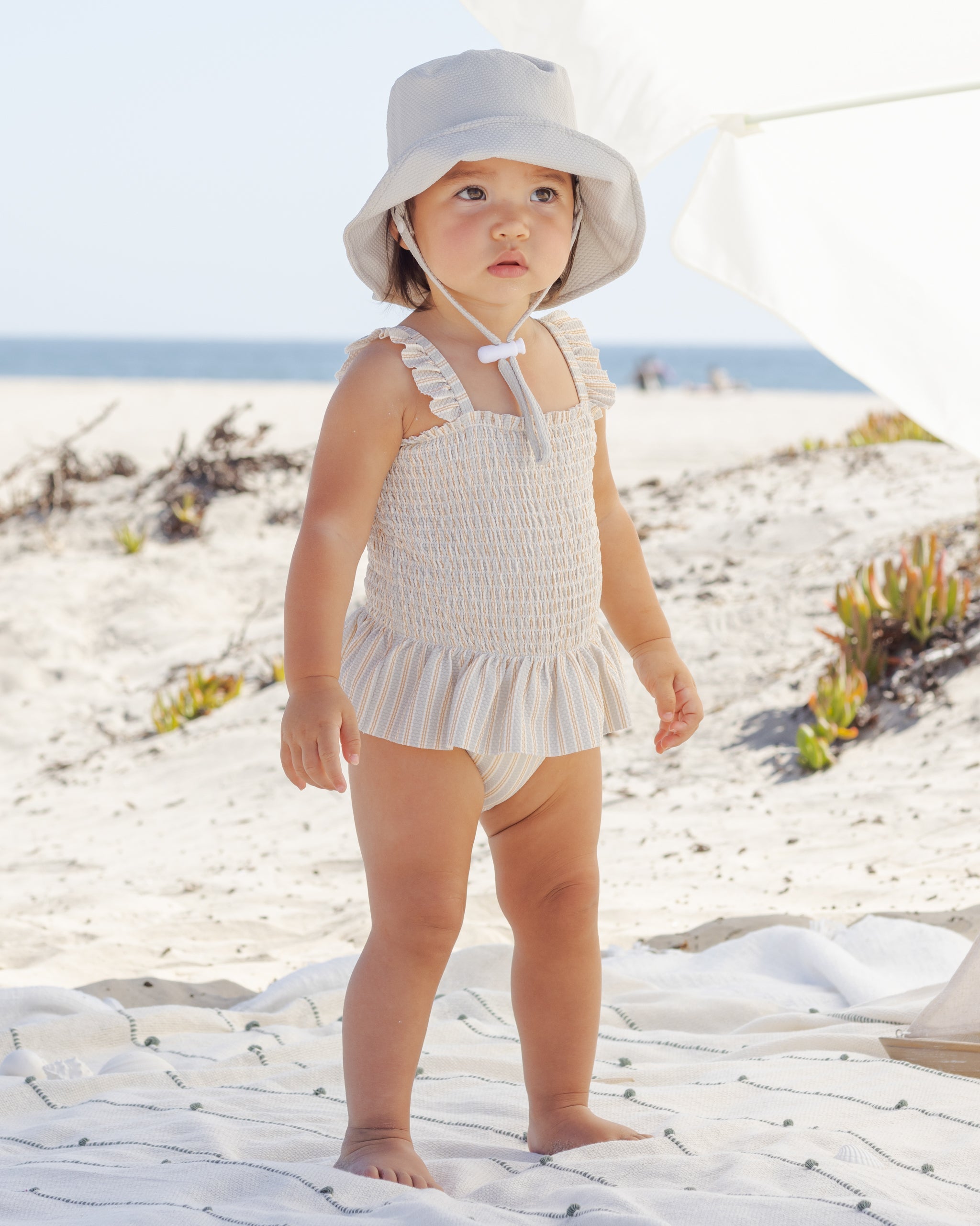 Smocked One-Piece Swimsuit Blue + Butterscotch Stripe - Rylee + Cru | Kids Clothes | Trendy Baby Clothes | Modern Infant Outfits |