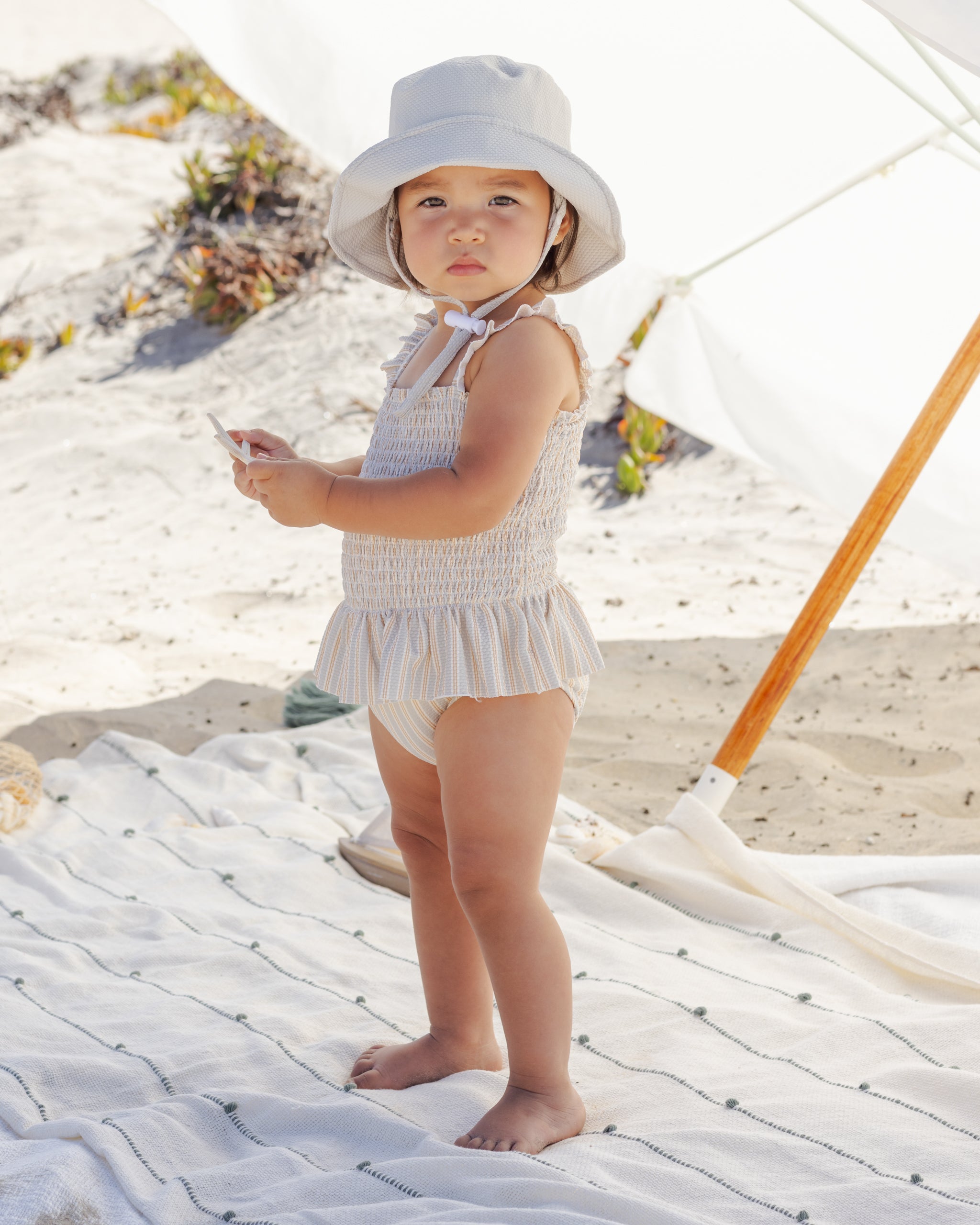 Smocked One-Piece Swimsuit Blue + Butterscotch Stripe - Rylee + Cru | Kids Clothes | Trendy Baby Clothes | Modern Infant Outfits |