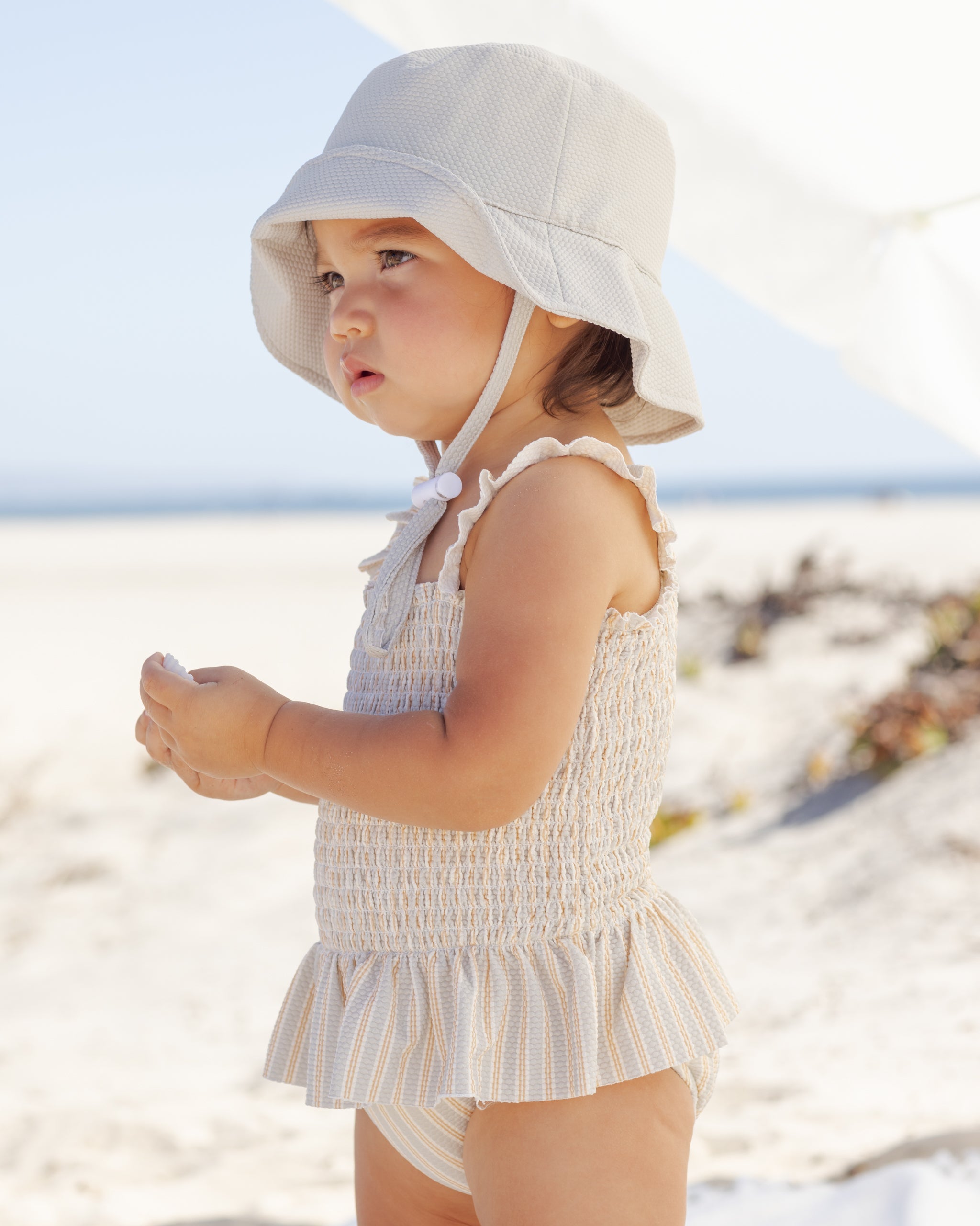 Smocked One-Piece Swimsuit Blue + Butterscotch Stripe - Rylee + Cru | Kids Clothes | Trendy Baby Clothes | Modern Infant Outfits |