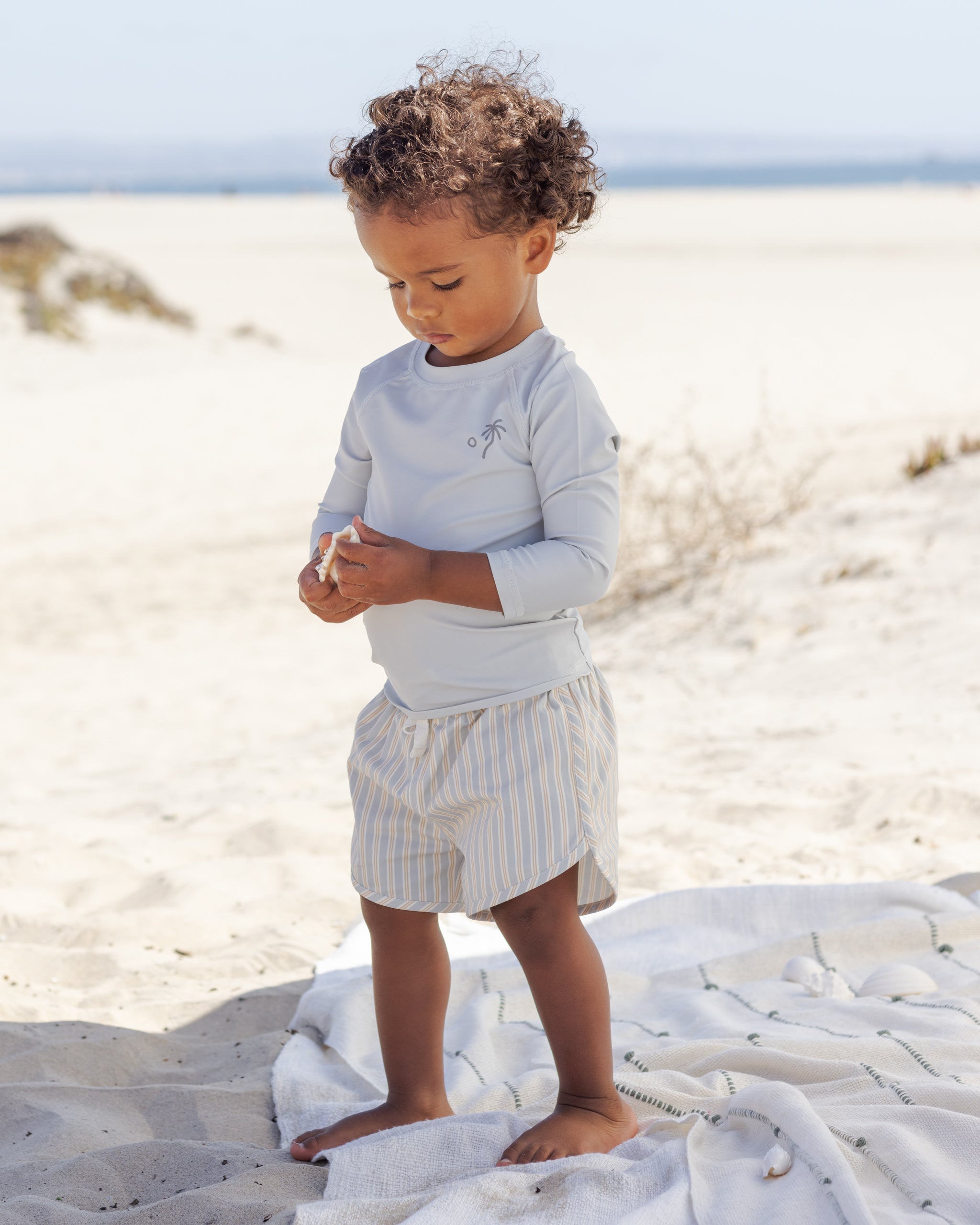 Boys Swim Short Blue + Butterscotch Stripe - Rylee + Cru | Kids Clothes | Trendy Baby Clothes | Modern Infant Outfits |