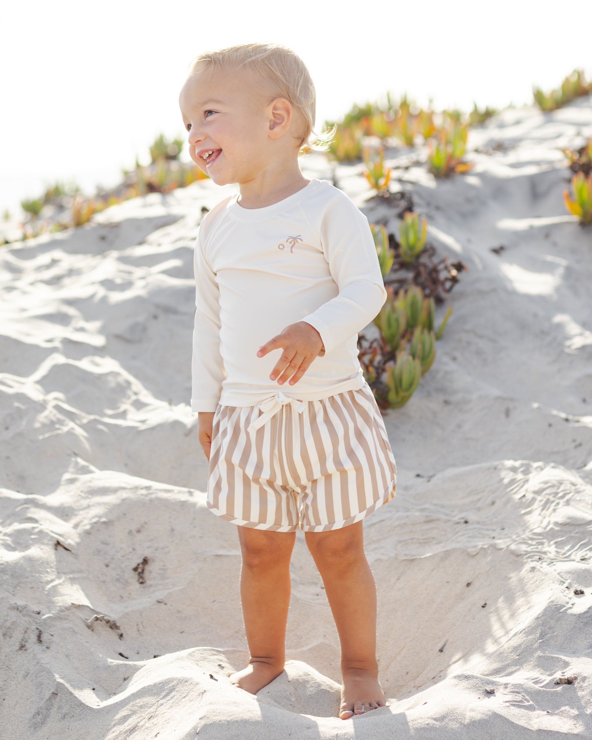 Boys Swim Short Retro Latte Stripe - Rylee + Cru | Kids Clothes | Trendy Baby Clothes | Modern Infant Outfits |