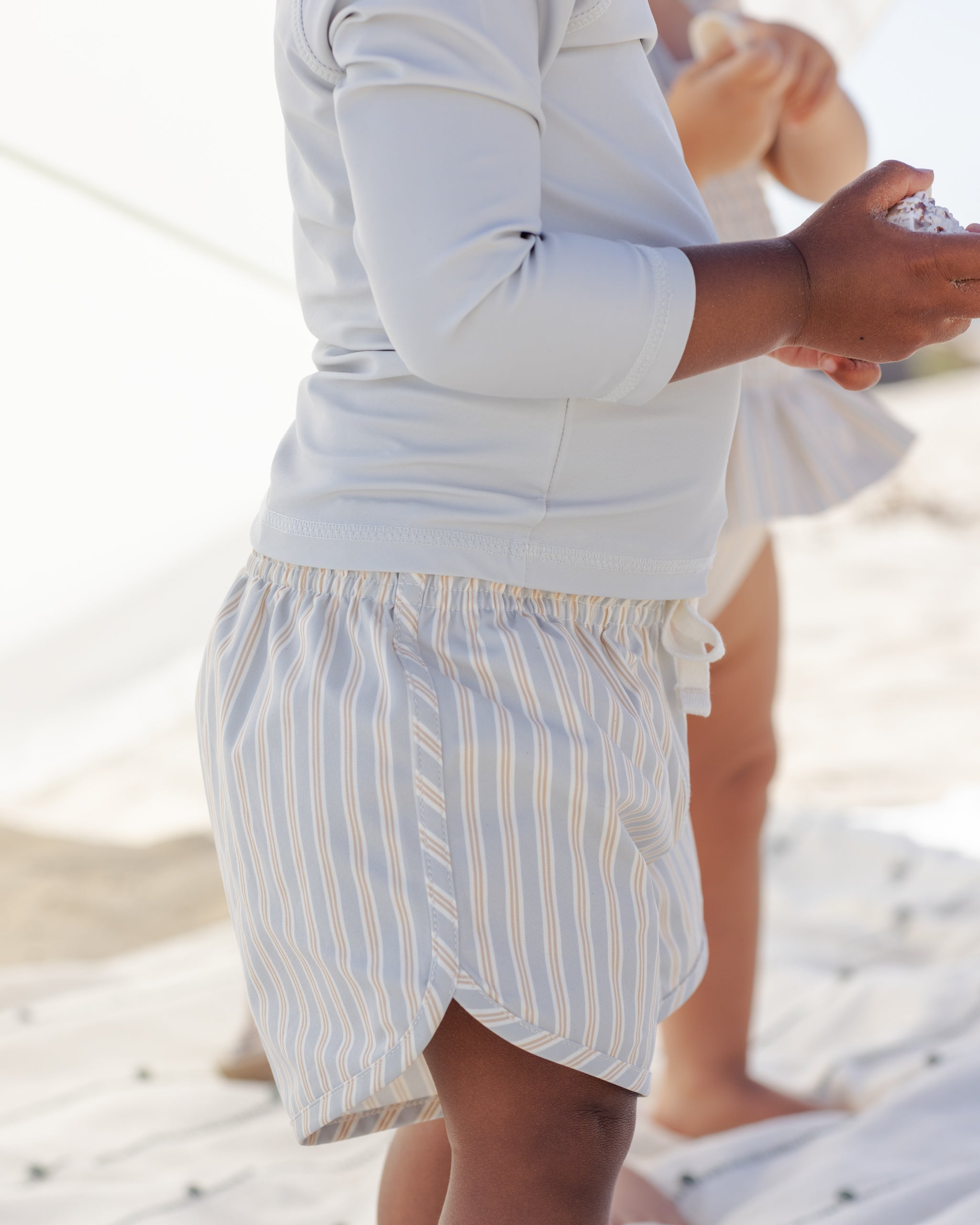 Boys Swim Short Blue + Butterscotch Stripe - Rylee + Cru | Kids Clothes | Trendy Baby Clothes | Modern Infant Outfits |