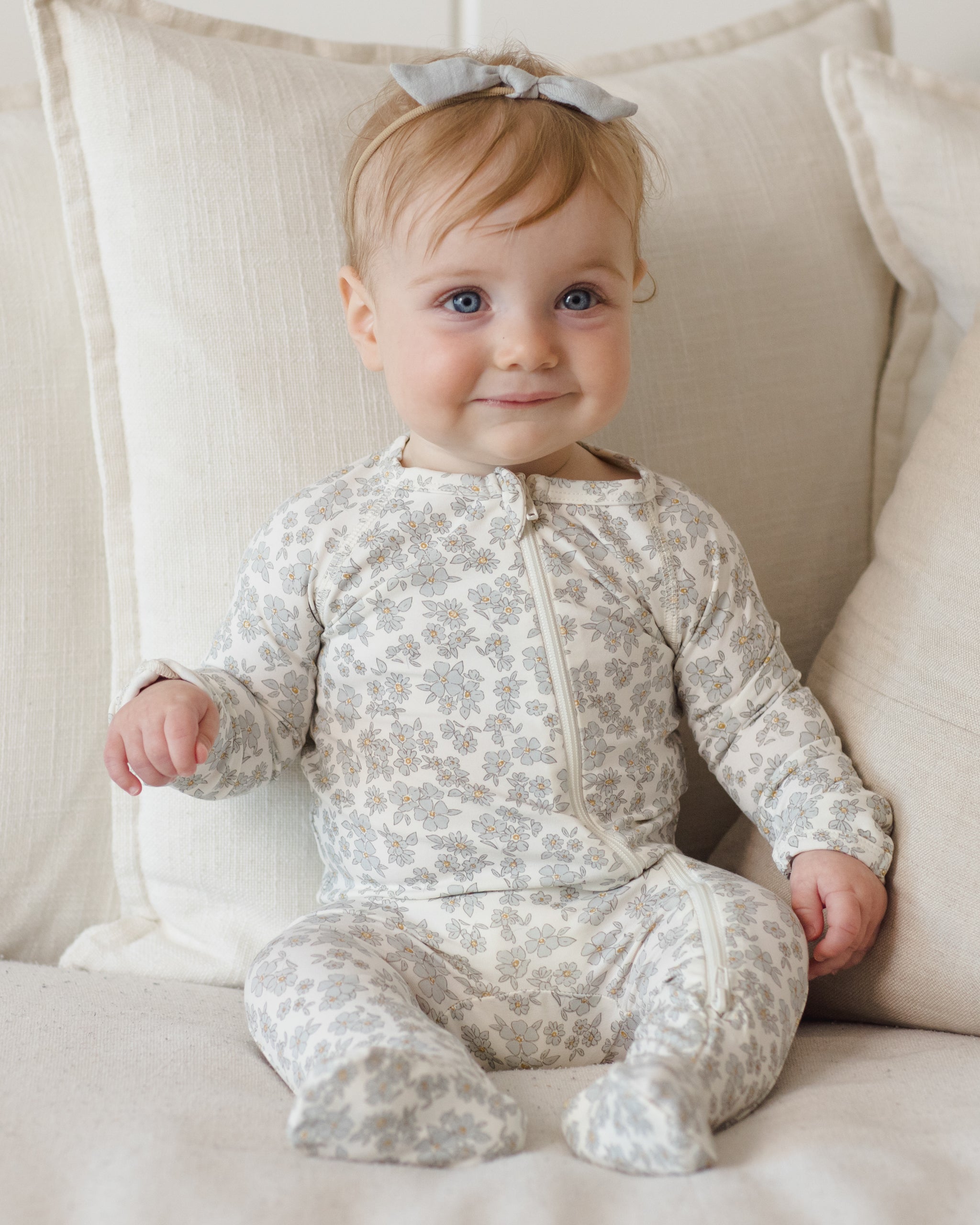 Bamboo Zip Footie Blue Floral - Rylee + Cru | Kids Clothes | Trendy Baby Clothes | Modern Infant Outfits |