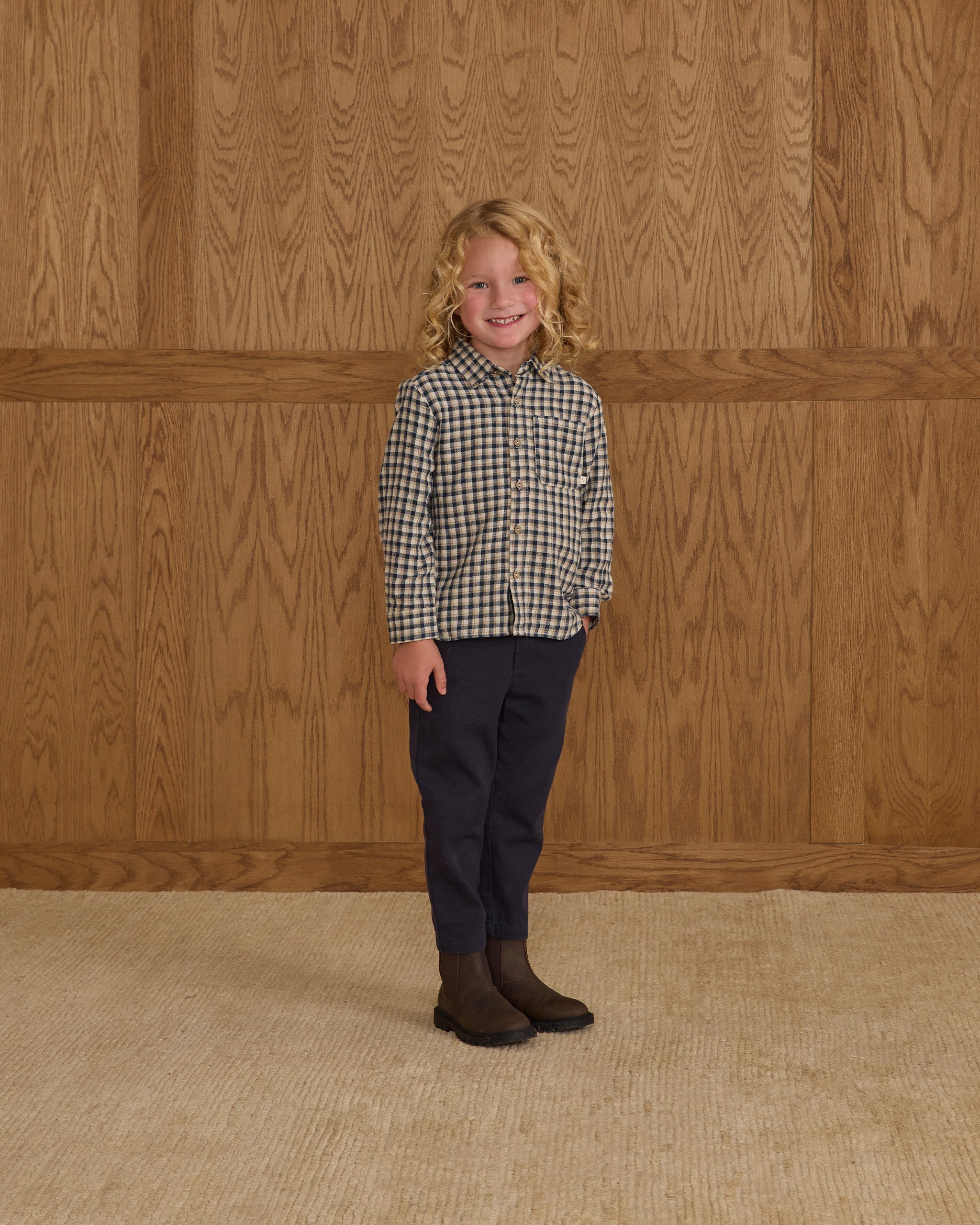 Chemise à manches longues et col || Carreaux bleu marine