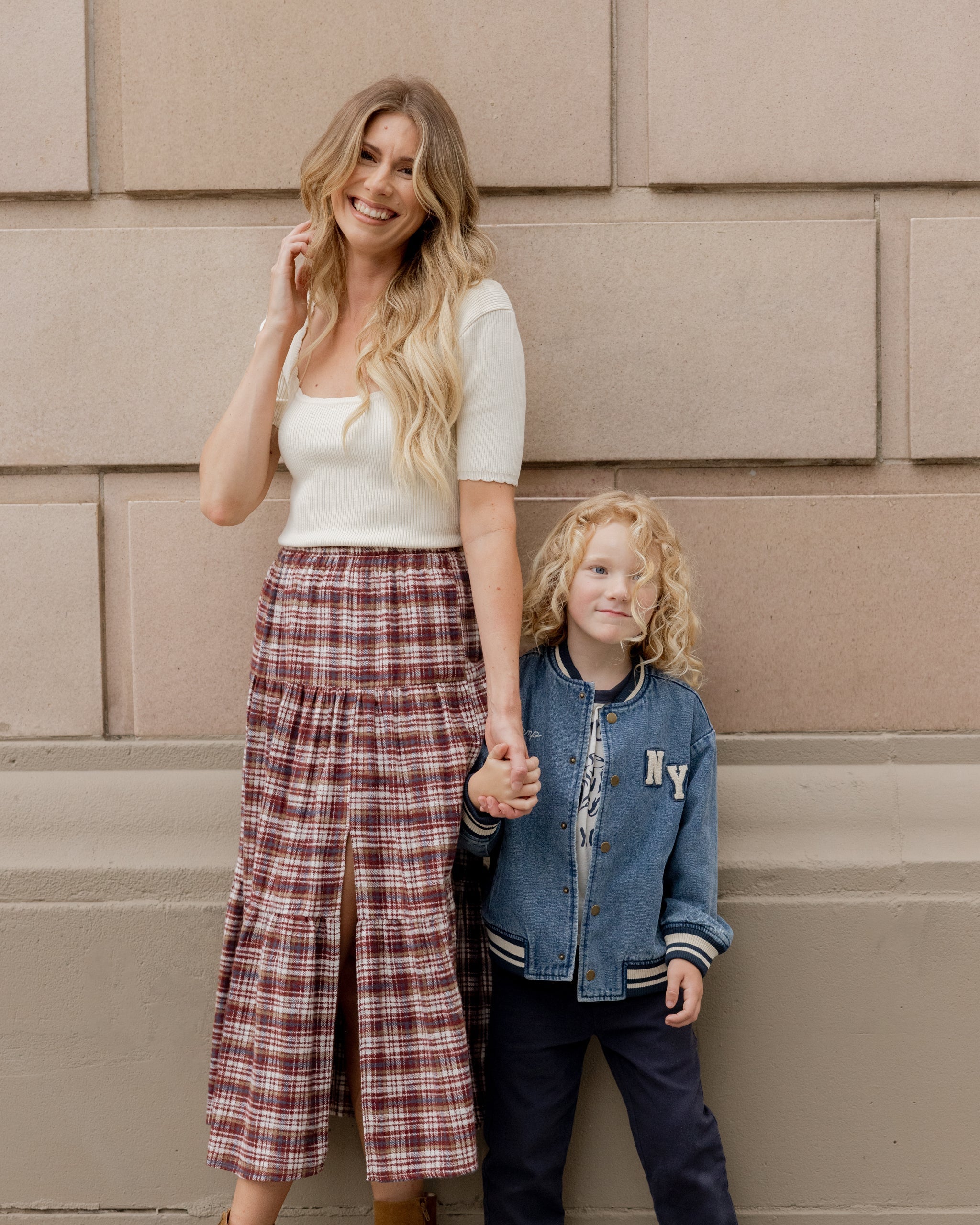 Jupe midi à volants | Plaid bordeaux