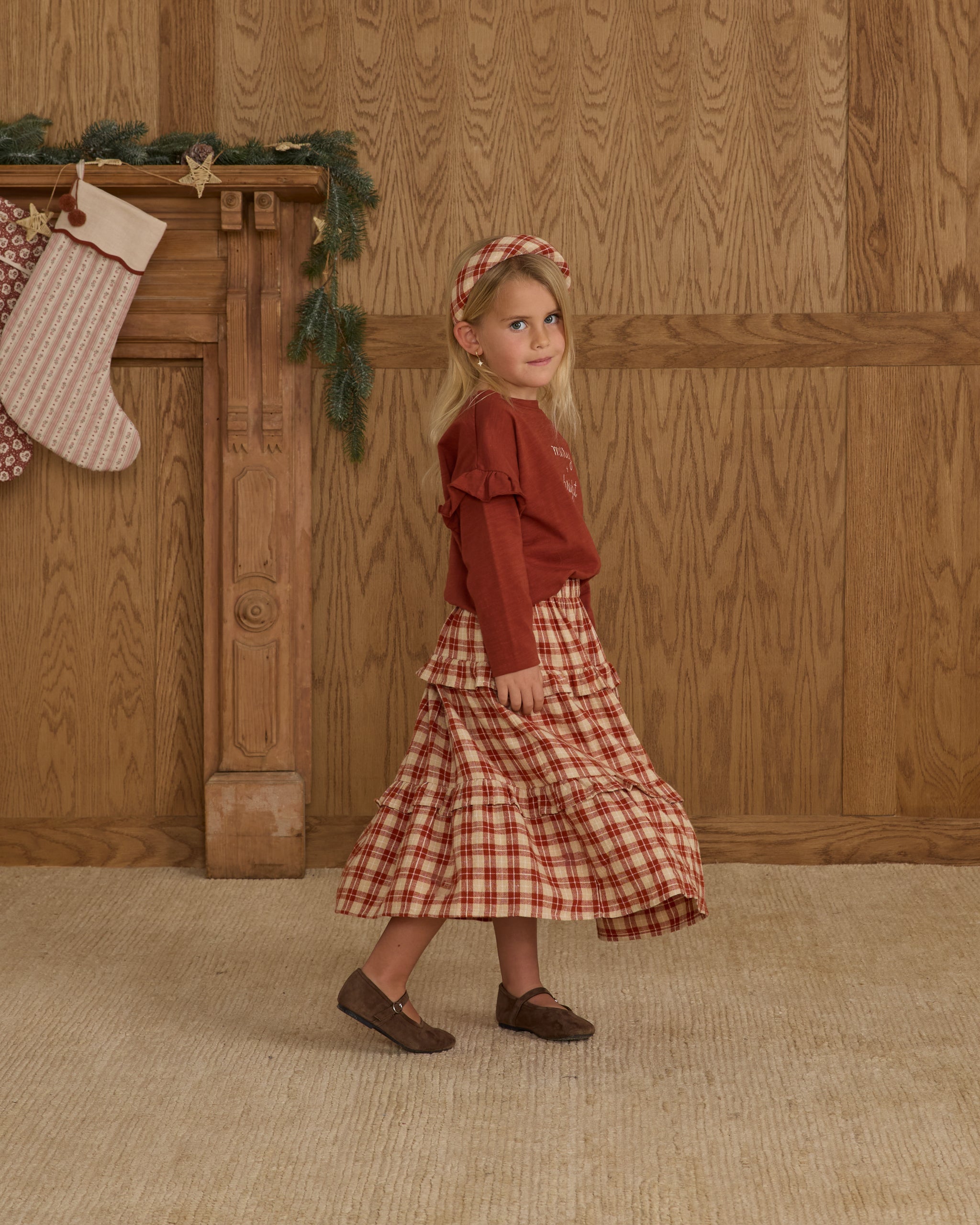 Ruffled Midi Skirt || Red Plaid
